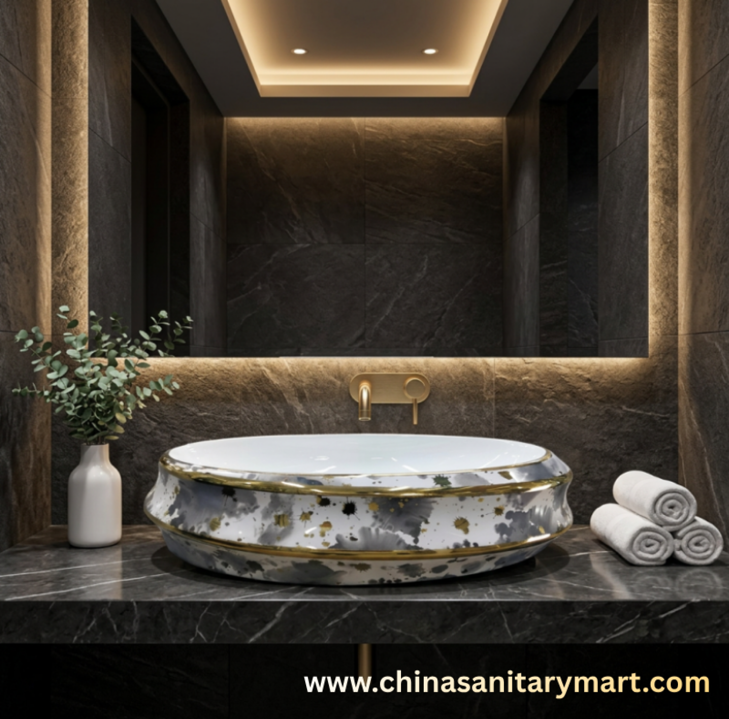 24x16 oval art basin,AR-AB-8213-D1 wash basin,golden outline basin,grey splash pattern basin,ceramic top basin,counter top wash basin,premium bathroom basin,designer ceramic basin,China Sanitary Mart,Bangladesh