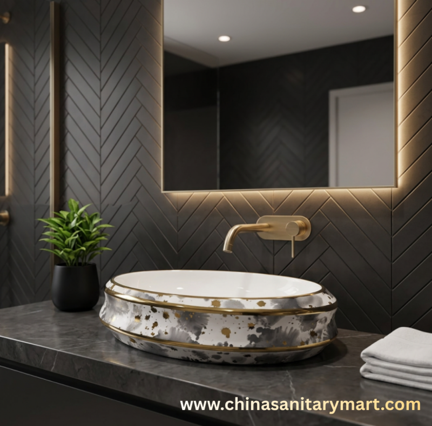 24x16 oval art basin,AR-AB-8213-D1 wash basin,golden outline basin,grey splash pattern basin,ceramic top basin,counter top wash basin,premium bathroom basin,designer ceramic basin,China Sanitary Mart,Bangladesh