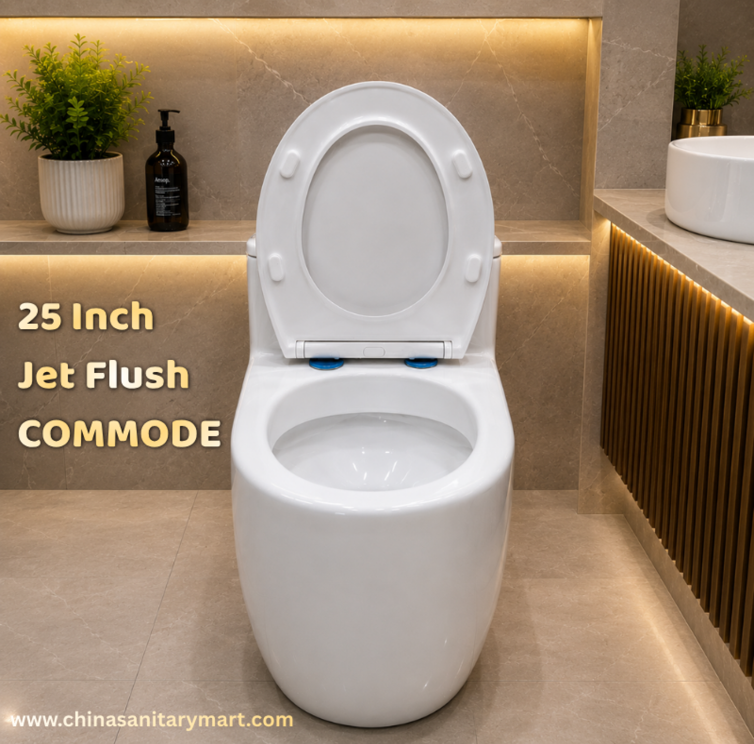 25 inch jet flush commode,AR-T9013 white commode,one piece ceramic toilet,white bathroom commode,soft close toilet seat,jet flush toilet,premium ceramic commode,modern bathroom toilet,China Sanitary Mart,Bangladesh