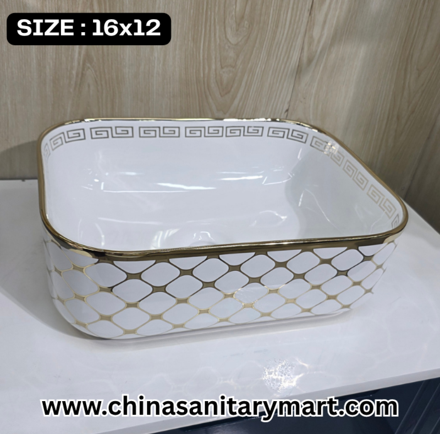 Golden pattern basin, 16x12 ceramic basin, luxury art basin, modern vessel basin, gold and white bathroom basin, square shape washbasin, high-end vanity basin, decorative bathroom fixtures, elegant powder room basin, designer ceramic washbasin.