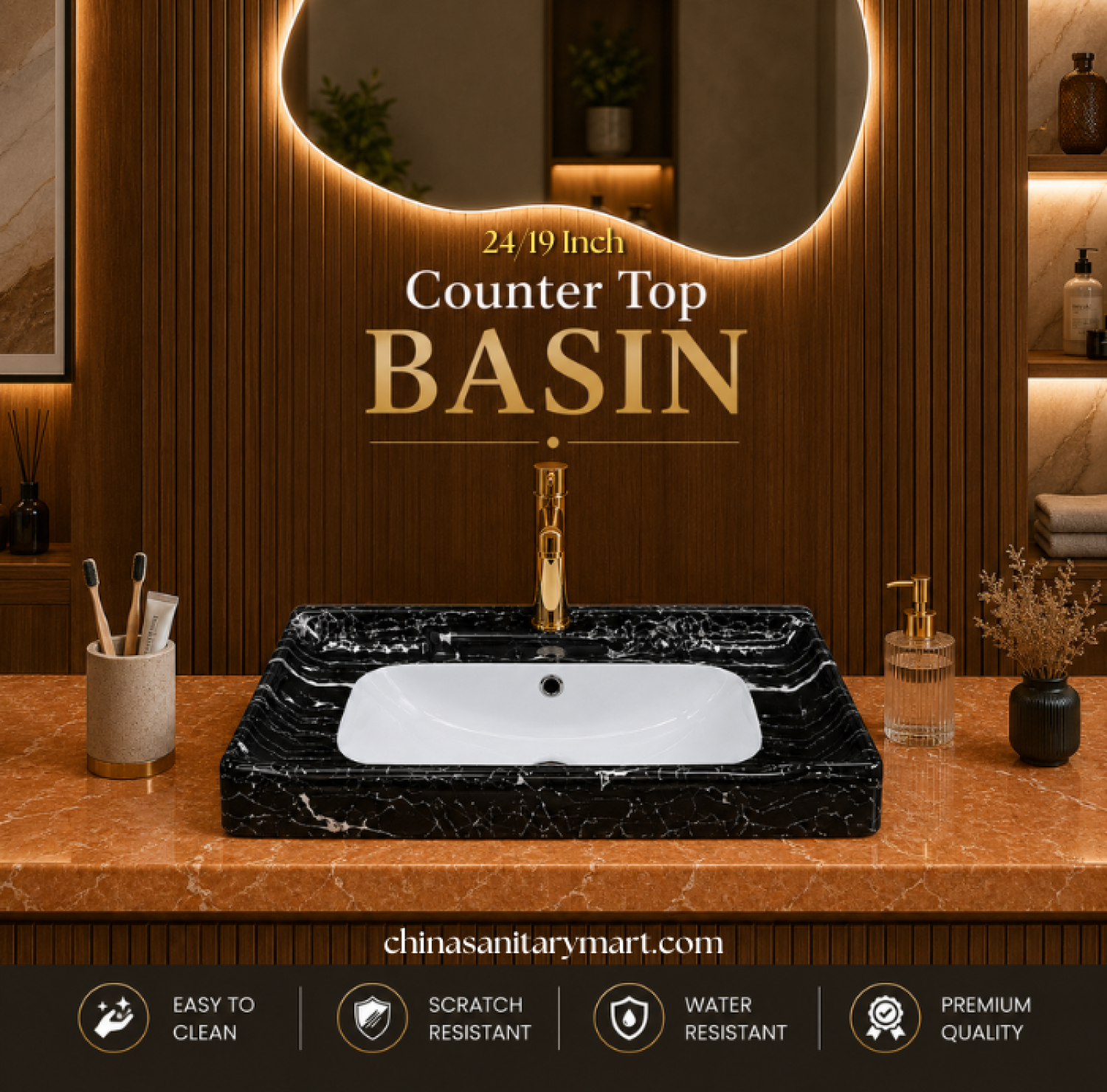 24x19 black marble counter top basin, black marble shed wash basin, ceramic countertop basin, luxury black bathroom basin, premium ceramic wash basin, modern marble basin, black marble finish basin, China Sanitary Mart, Bangladesh
