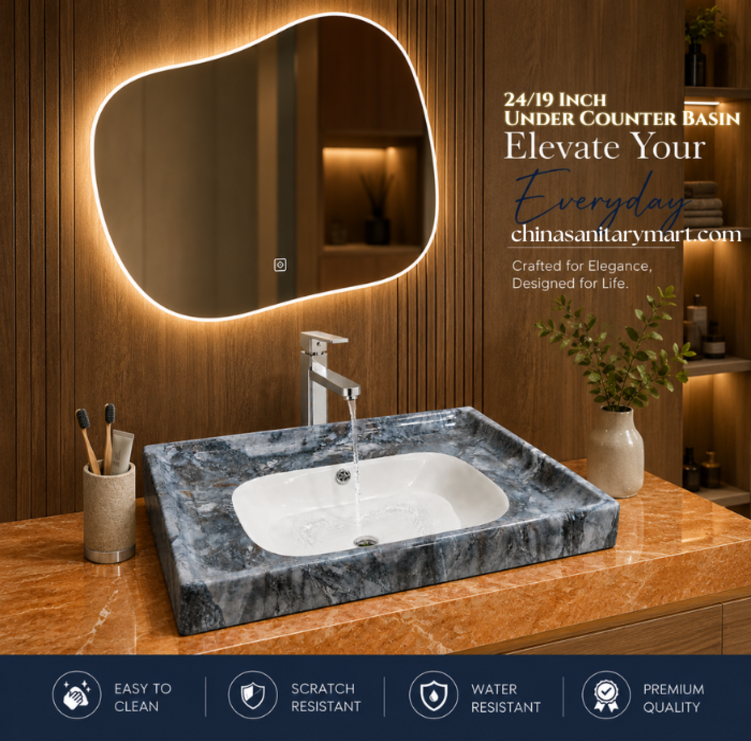 24x19 grey marble counter top basin, grey marble shed wash basin, ceramic countertop basin, luxury grey marble bathroom basin, premium ceramic wash basin, modern marble finish basin, bathroom sink Bangladesh, China Sanitary Mart