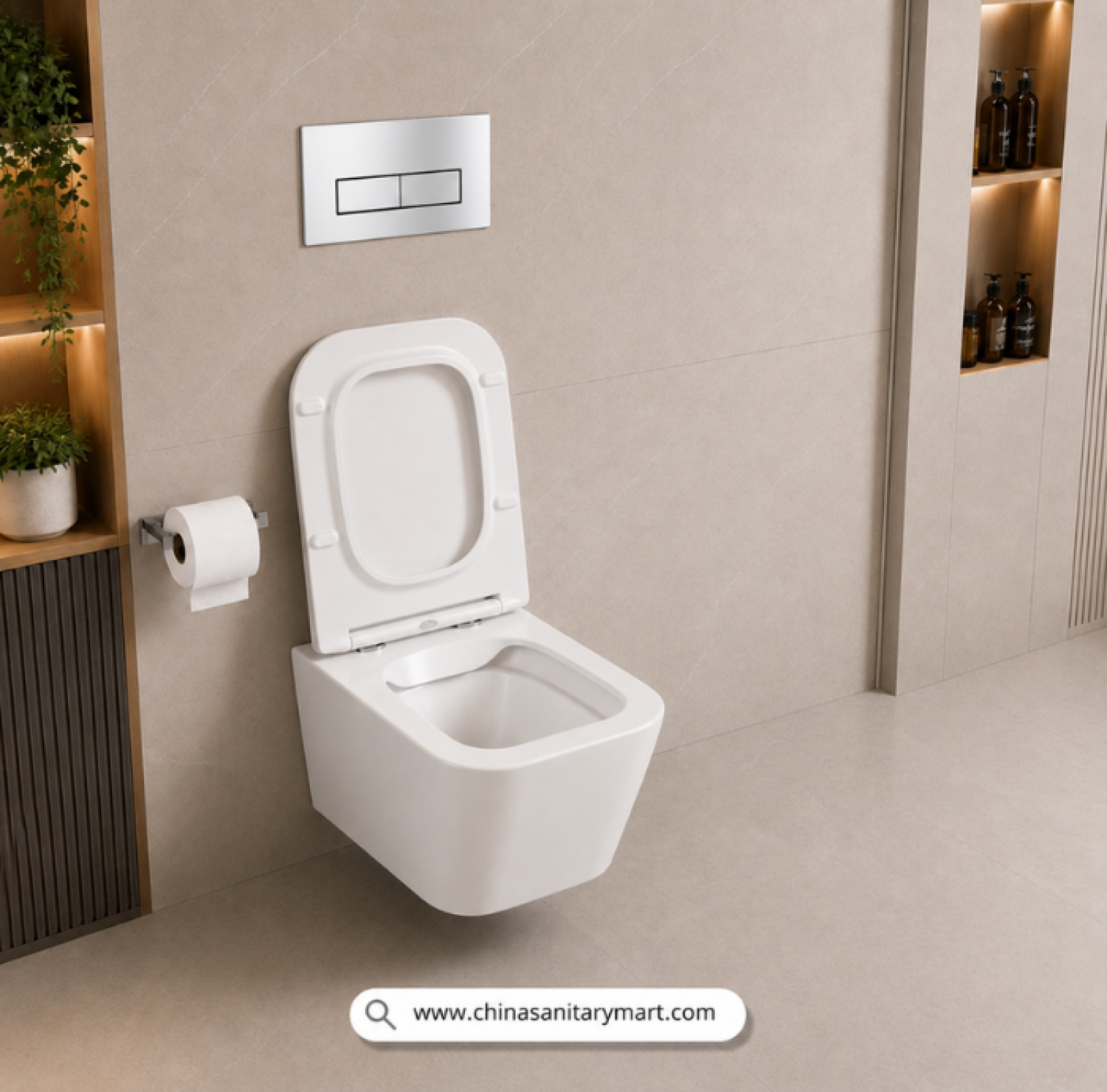 Italian Standard T103 SQ, white wall hung toilet, square toilet bowl, square wall mounted commode, luxury sanitary ware, premium ceramic toilet, China Sanitary Mart, space saving commode, modern bathroom fittings