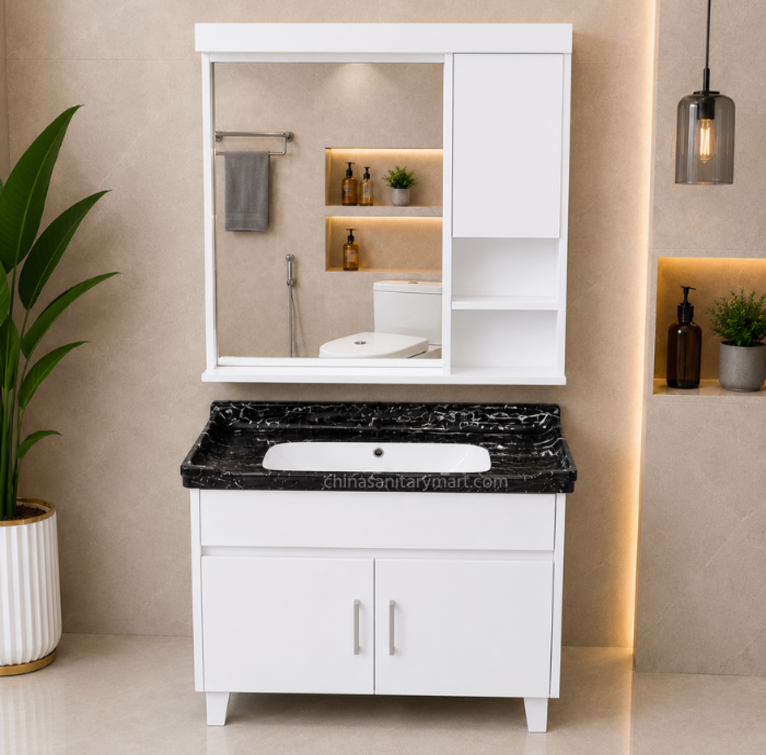 23×19 Inch PVC Box Cabinet with Under Counter Ceramic Wash Basin Black Marble HPL Bathroom Vanity Cabinet 30×31 Inch Bathroom Mirror with PVC Cabinet Modern Bathroom Vanity Cabinet with Ceramic Basin