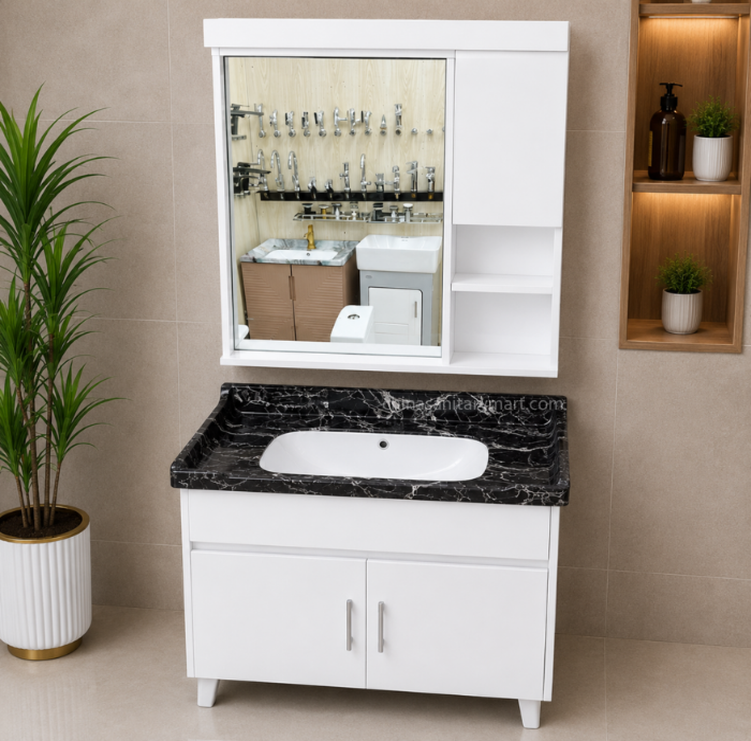 23×19 Inch PVC Box Cabinet with Under Counter Ceramic Wash Basin Black Marble HPL Bathroom Vanity Cabinet 30×31 Inch Bathroom Mirror with PVC Cabinet Modern Bathroom Vanity Cabinet with Ceramic Basin