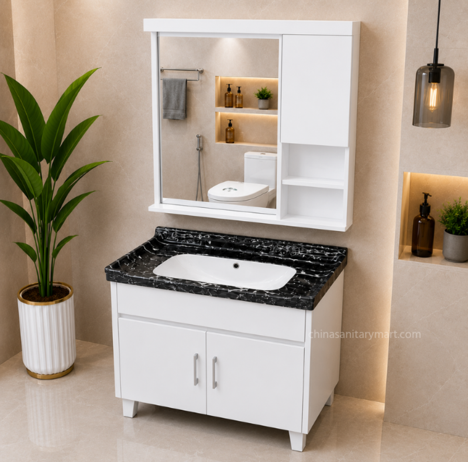 23×19 Inch PVC Box Cabinet with Under Counter Ceramic Wash Basin Black Marble HPL Bathroom Vanity Cabinet 30×31 Inch Bathroom Mirror with PVC Cabinet Modern Bathroom Vanity Cabinet with Ceramic Basin
