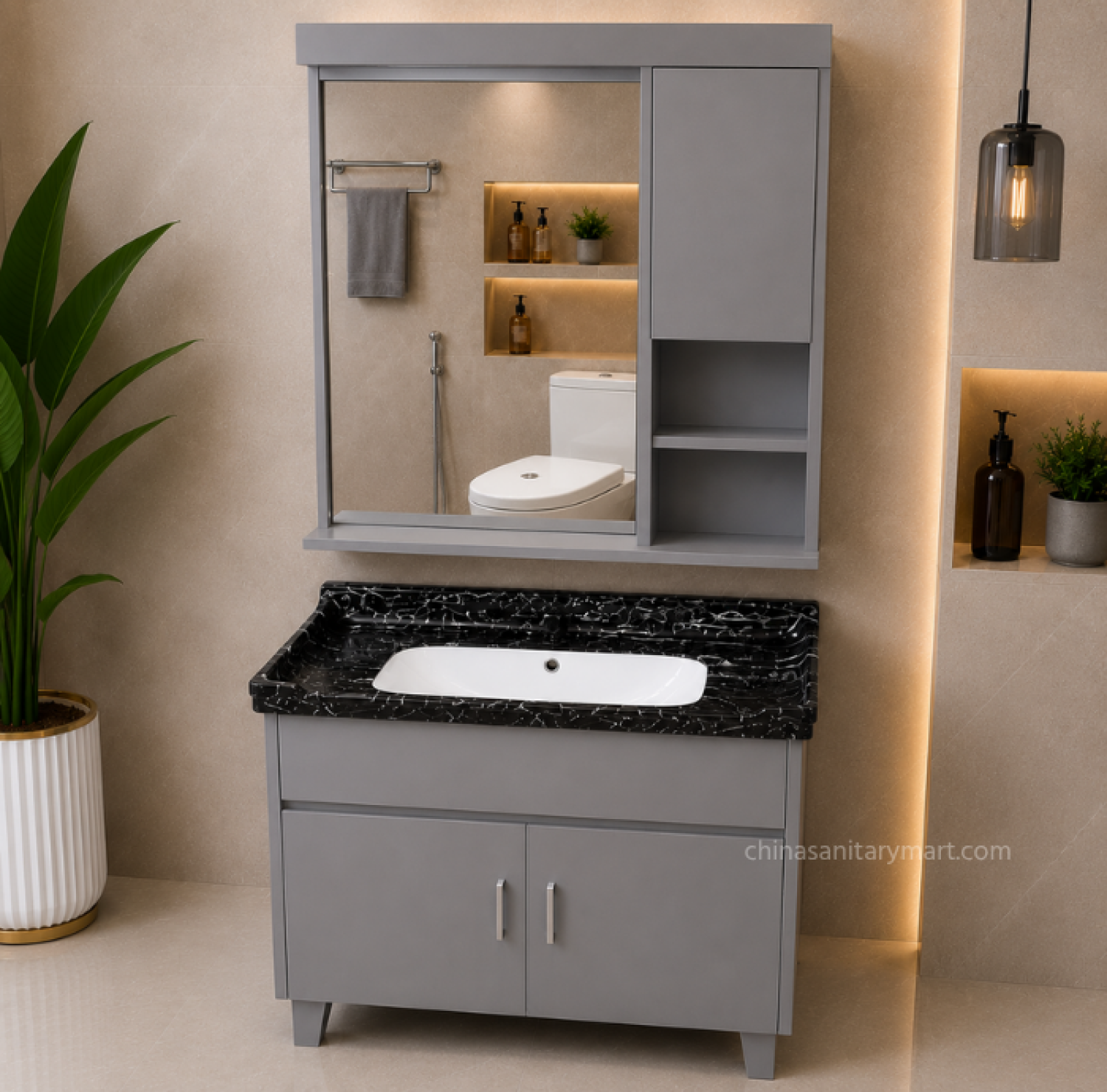 23×19 Inch PVC Box Cabinet with Under Counter Ceramic Wash Basin Black Marble HPL Bathroom Vanity Cabinet 30×31 Inch Bathroom Mirror with PVC Cabinet Modern Bathroom Vanity Cabinet with Ceramic Basin