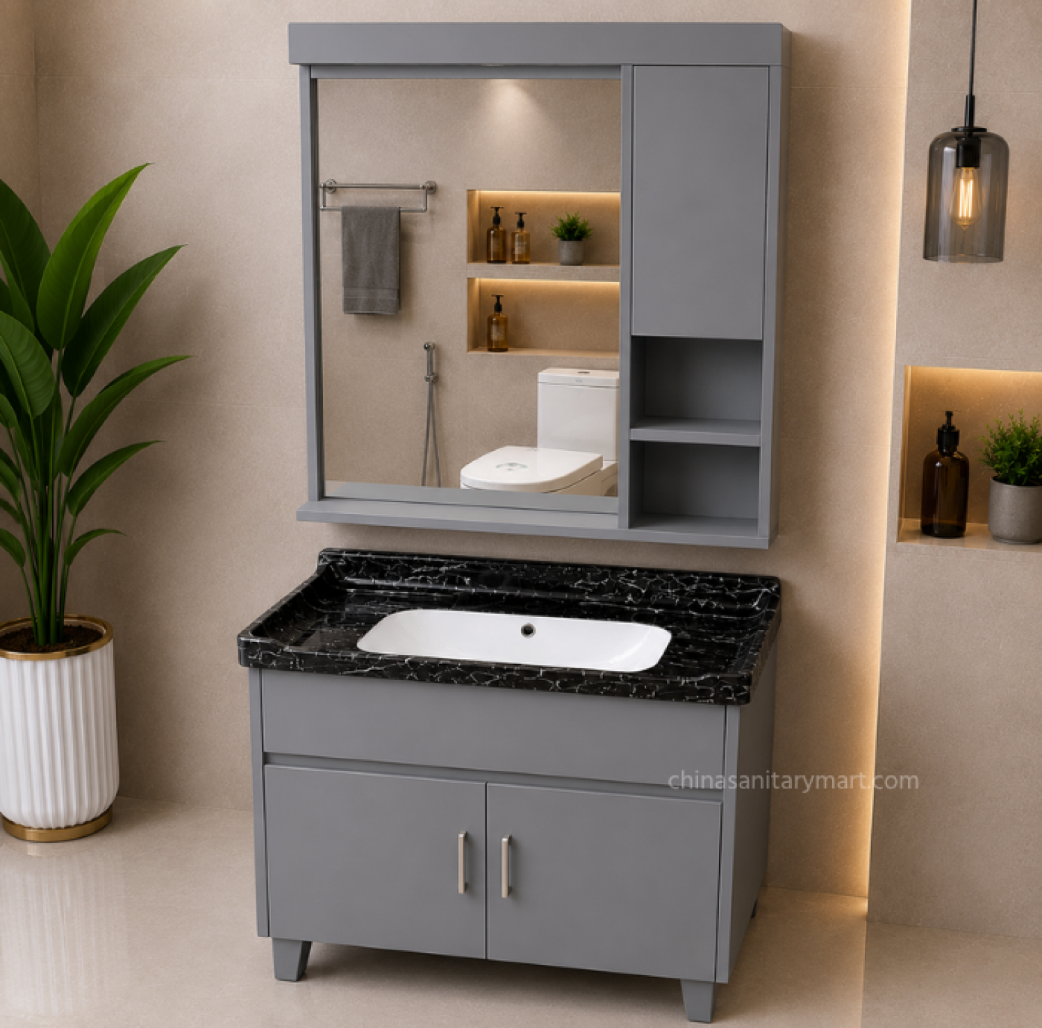 23×19 Inch PVC Box Cabinet with Under Counter Ceramic Wash Basin Black Marble HPL Bathroom Vanity Cabinet 30×31 Inch Bathroom Mirror with PVC Cabinet Modern Bathroom Vanity Cabinet with Ceramic Basin