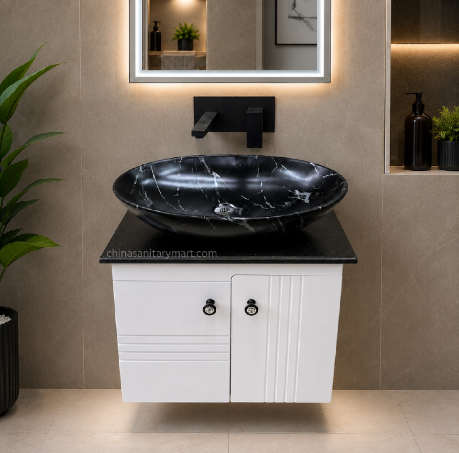 19×28 inch waterproof PVC wall-mounted vanity cabinet with premium Doco paint finish, 25×16 inch black marble China porcelain top basin, and 18×24 inch LED mirror for modern luxury bathrooms.