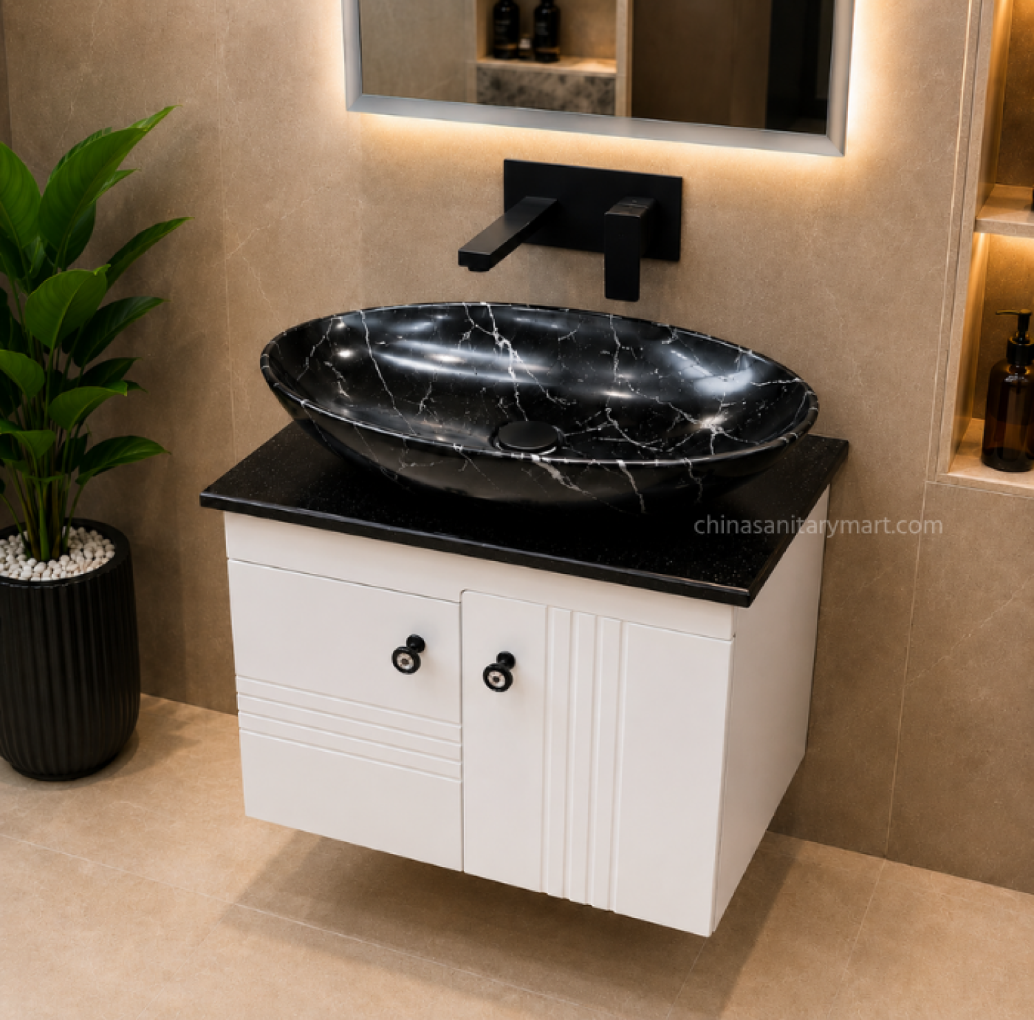 19×28 inch waterproof PVC wall-mounted vanity cabinet with premium Doco paint finish, 25×16 inch black marble China porcelain top basin, and 18×24 inch LED mirror for modern luxury bathrooms.