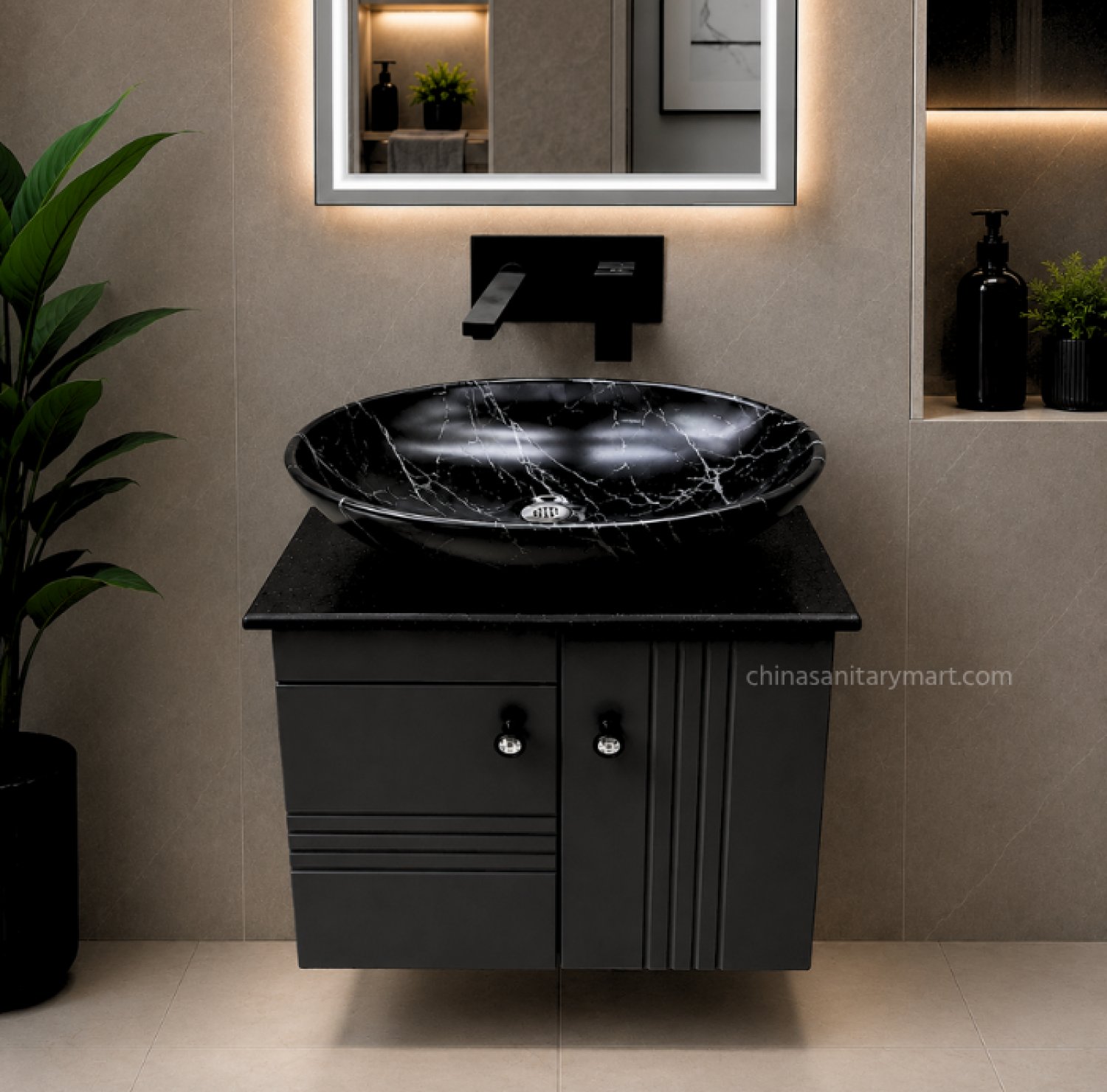 19×28 inch waterproof PVC wall-mounted vanity cabinet with premium Doco paint finish, 25×16 inch black marble China porcelain top basin, and 18×24 inch LED mirror for modern luxury bathrooms.