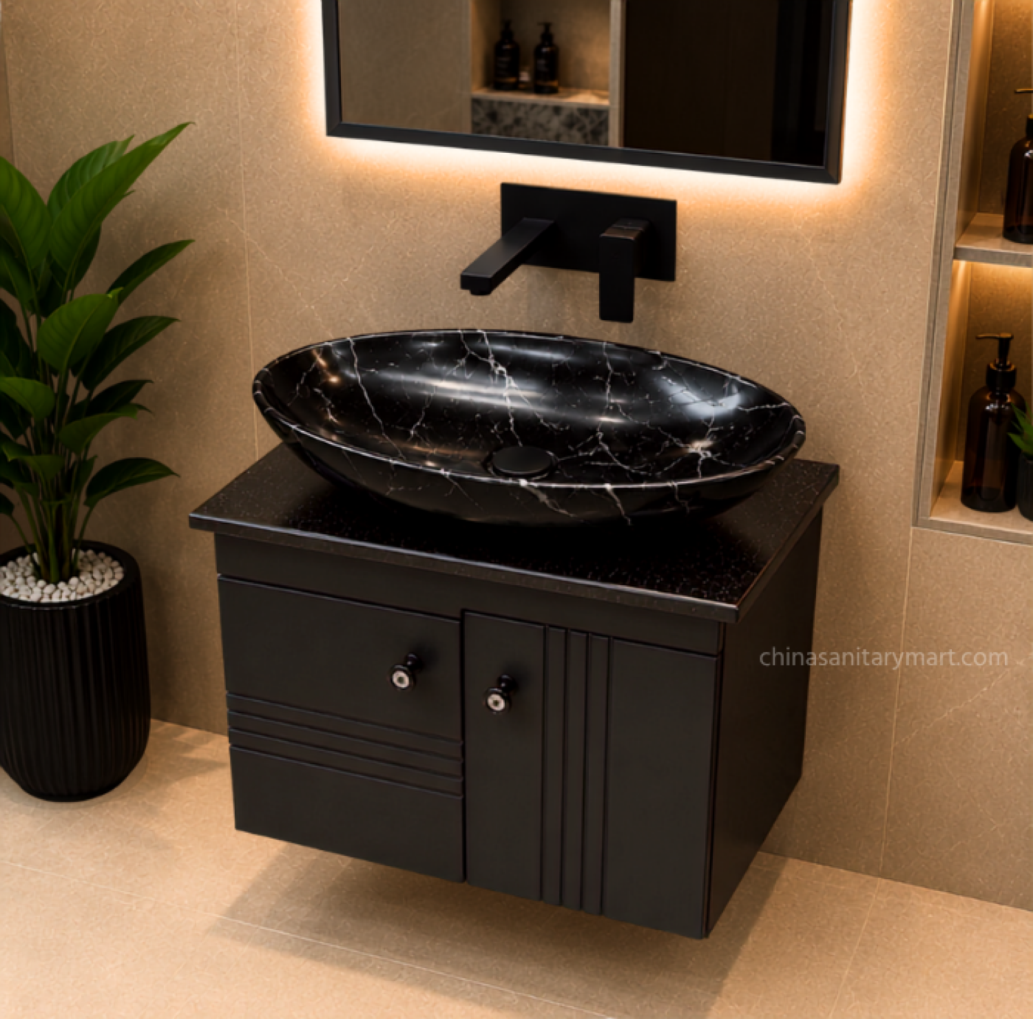 19×28 inch waterproof PVC wall-mounted vanity cabinet with premium Doco paint finish, 25×16 inch black marble China porcelain top basin, and 18×24 inch LED mirror for modern luxury bathrooms.