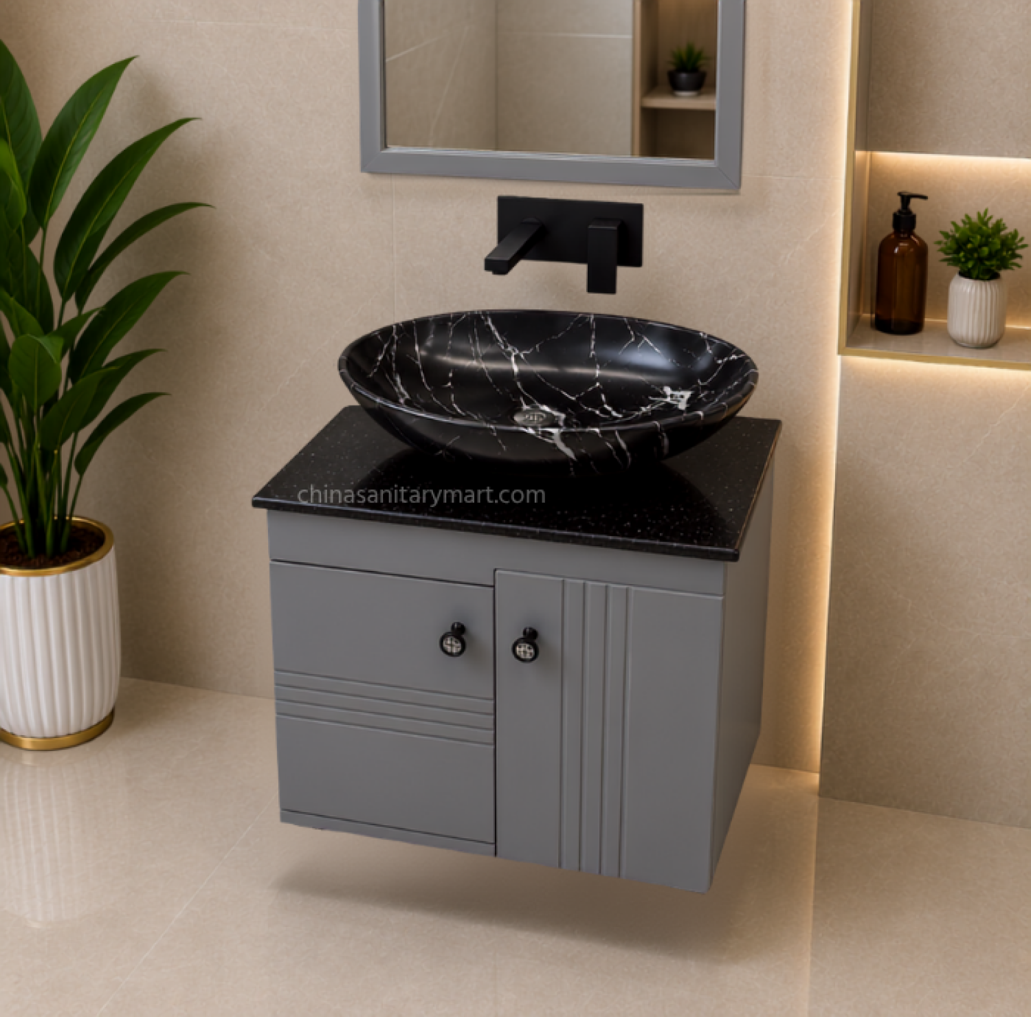 19×28 inch waterproof PVC wall-mounted vanity cabinet with premium Doco paint finish, 25×16 inch black marble China porcelain top basin, and 18×24 inch LED mirror for modern luxury bathrooms.