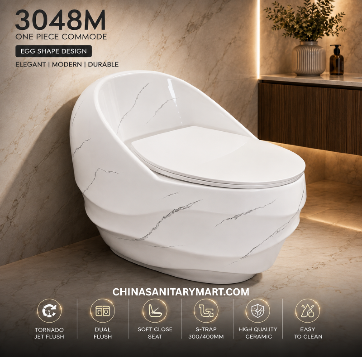 3048M White Marble Shade Egg Shape Tornado Jet Flush High Wave D Commode, 3048M white marble commode, egg shape high wave D commode, tornado jet flush one piece commode