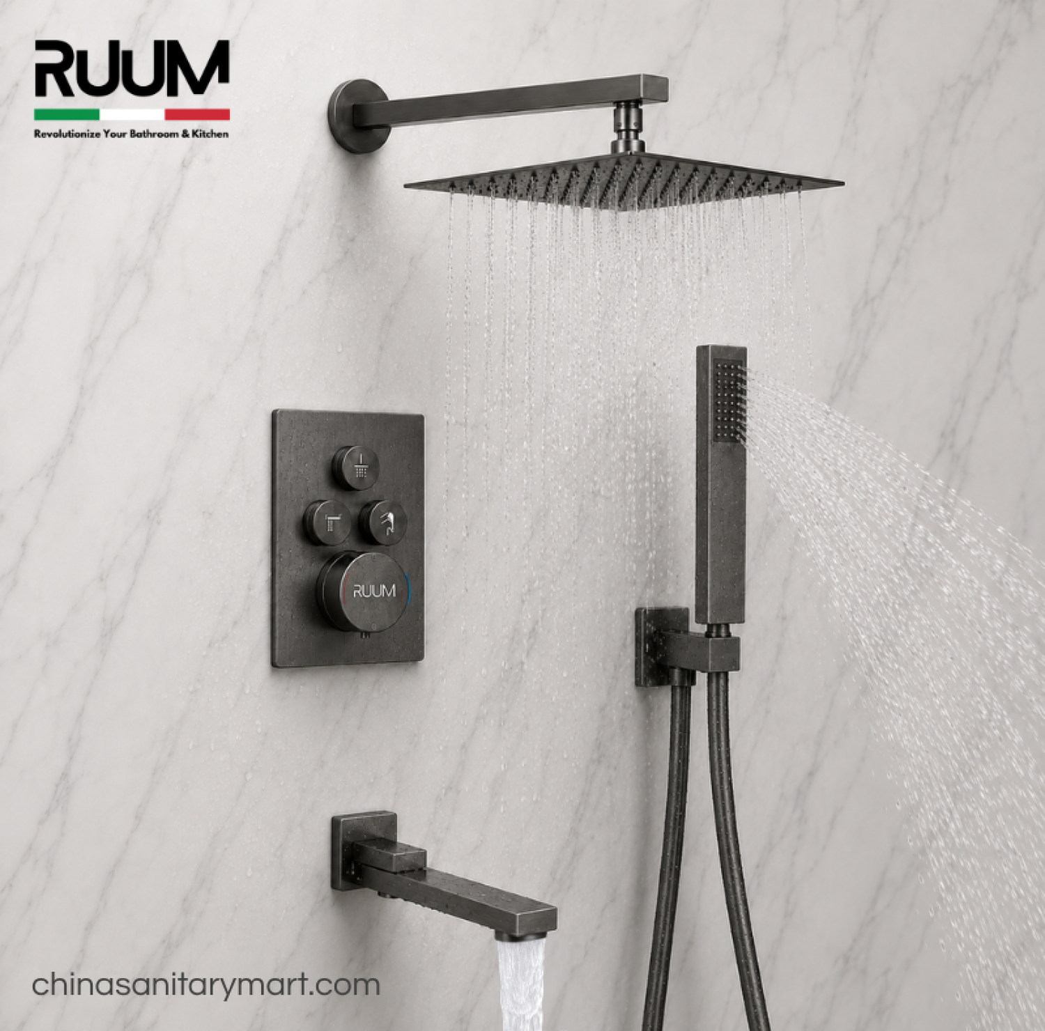 five way shower mixer gun metal, push button shower system, gun metal concealed shower mixer, rain shower hand shower set, RUUM shower mixer