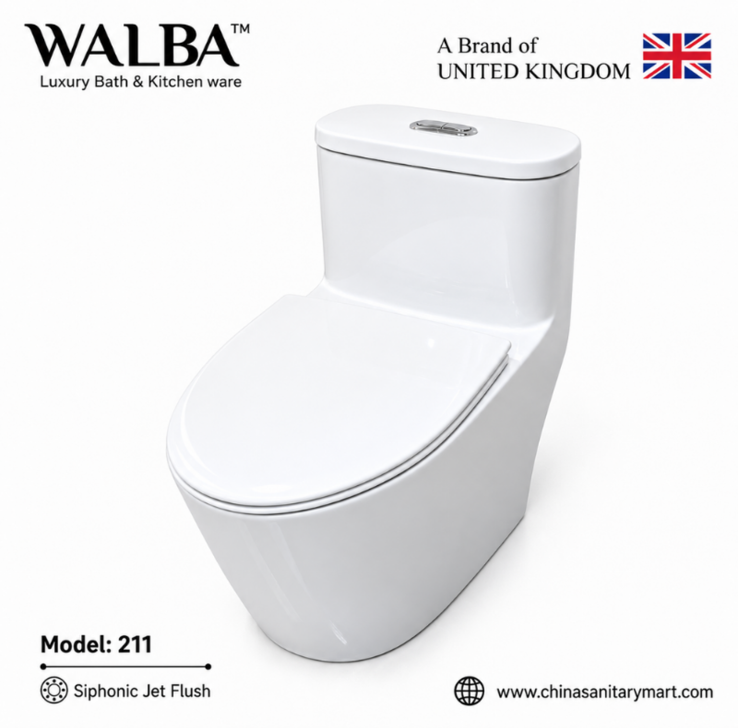 Walba Commode 211, Walba 211 Siphonic Jet Flush Commode, Walba One Piece Toilet, White One Piece Commode, Modern Toilet