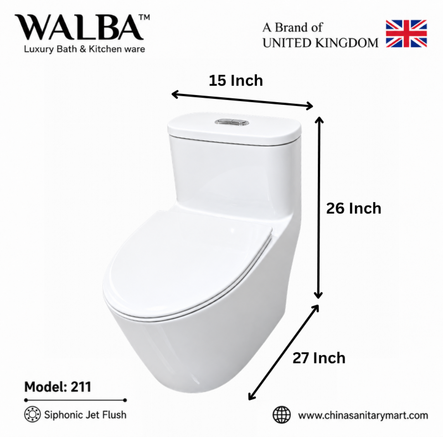 Walba Commode 211, Walba 211 Siphonic Jet Flush Commode, Walba One Piece Toilet, White One Piece Commode, Modern Toilet