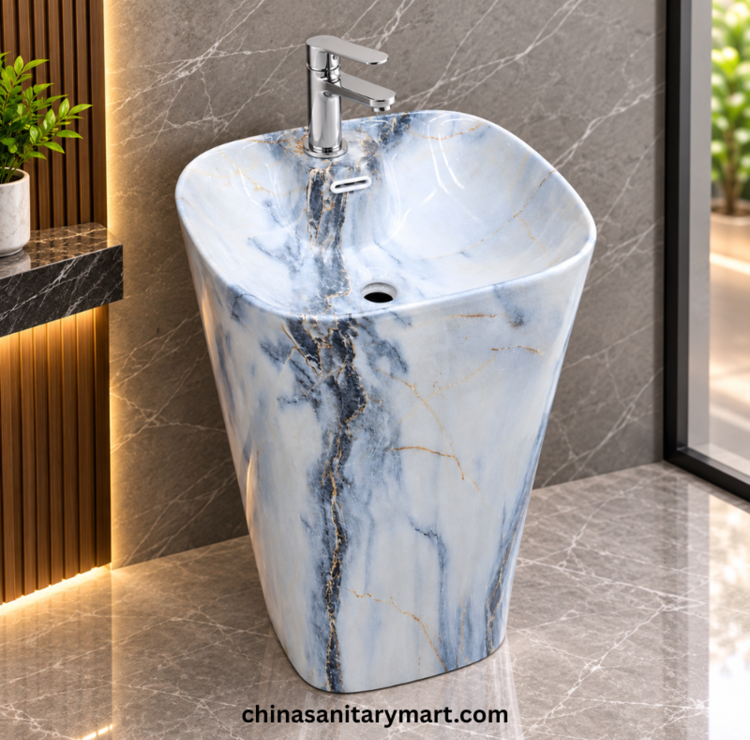 15x18 Blue Marble Shade Drum Basin, Blue Marble Drum Basin, Floor Standing Blue Basin, Blue Marble Wash Basin, Modern Drum Basin