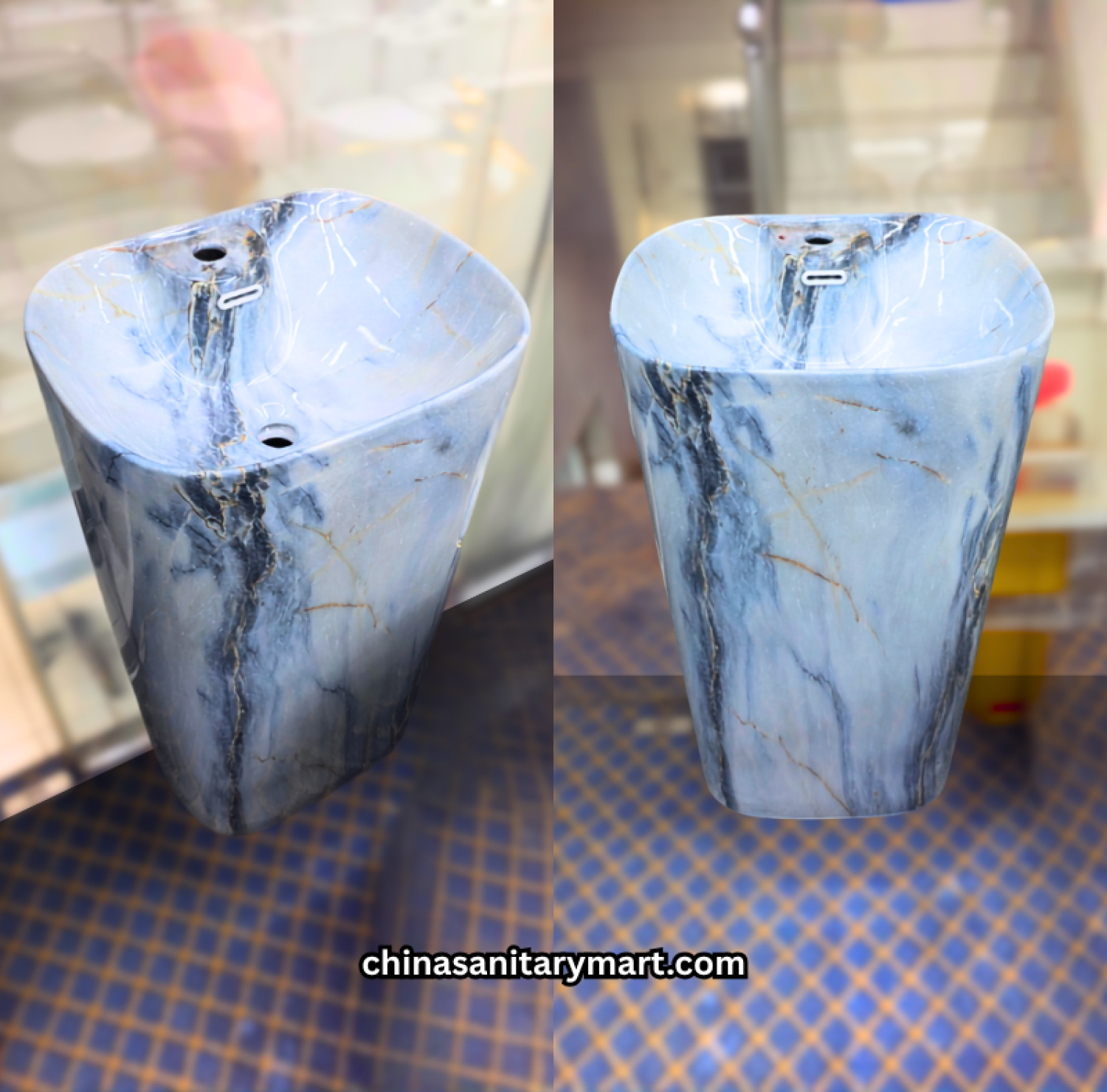 15x18 Blue Marble Shade Drum Basin, Blue Marble Drum Basin, Floor Standing Blue Basin, Blue Marble Wash Basin, Modern Drum Basin