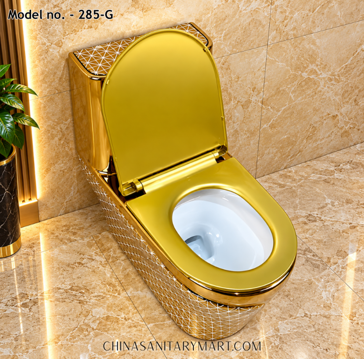 Tornado Jet Flush Commode 285-G Gold Toilet, Luxury Golden Commode, Designer Gold Toilet with Geometric Pattern