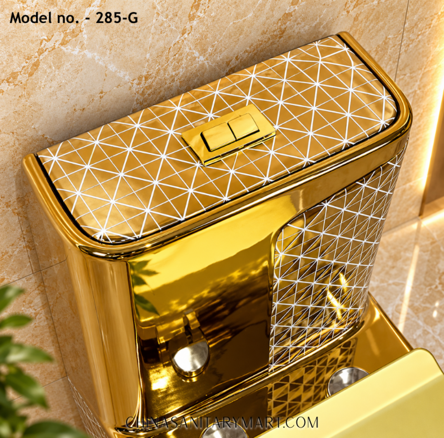 Tornado Jet Flush Commode 285-G Gold Toilet, Luxury Golden Commode, Designer Gold Toilet with Geometric Pattern