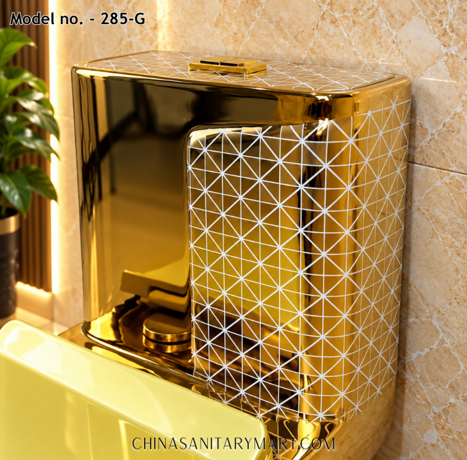 Tornado Jet Flush Commode 285-G Gold Toilet, Luxury Golden Commode, Designer Gold Toilet with Geometric Pattern