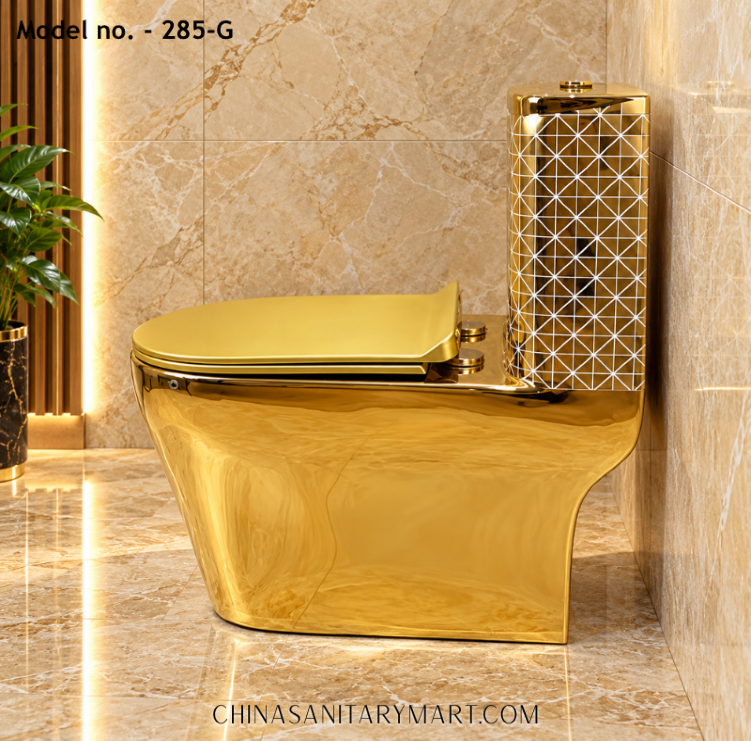 Tornado Jet Flush Commode 285-G Gold Toilet, Luxury Golden Commode, Designer Gold Toilet with Geometric Pattern