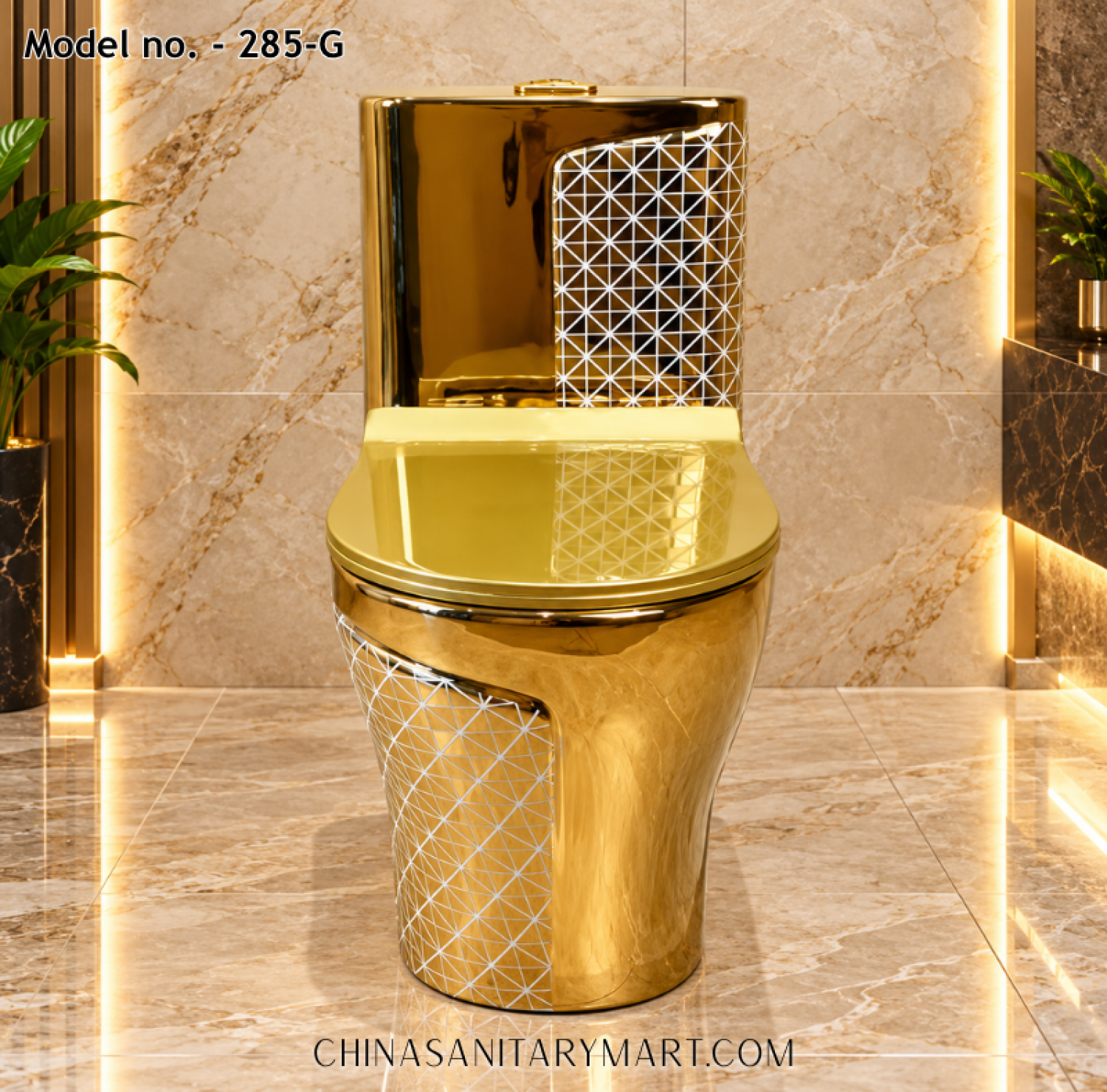 Tornado Jet Flush Commode 285-G Gold Toilet, Luxury Golden Commode, Designer Gold Toilet with Geometric Pattern