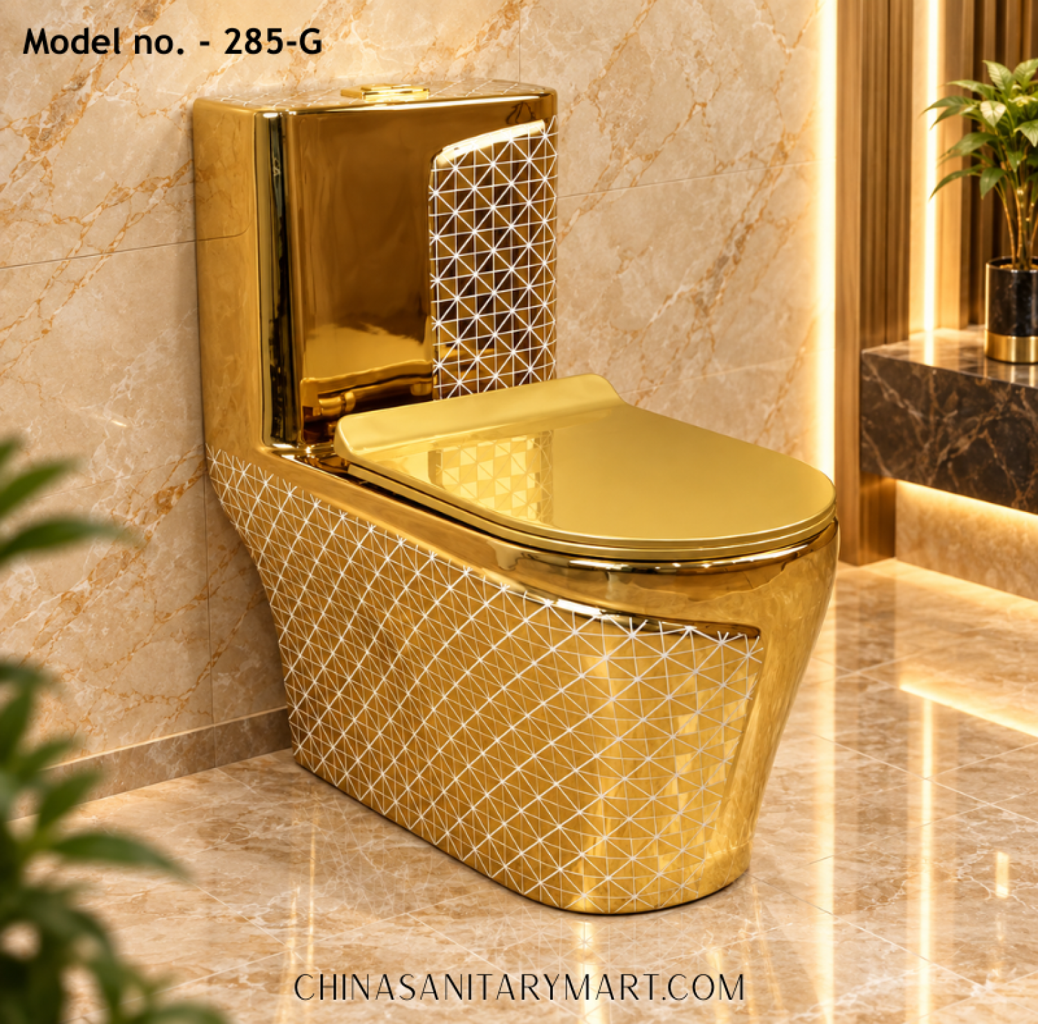 Tornado Jet Flush Commode 285-G Gold Toilet, Luxury Golden Commode, Designer Gold Toilet with Geometric Pattern