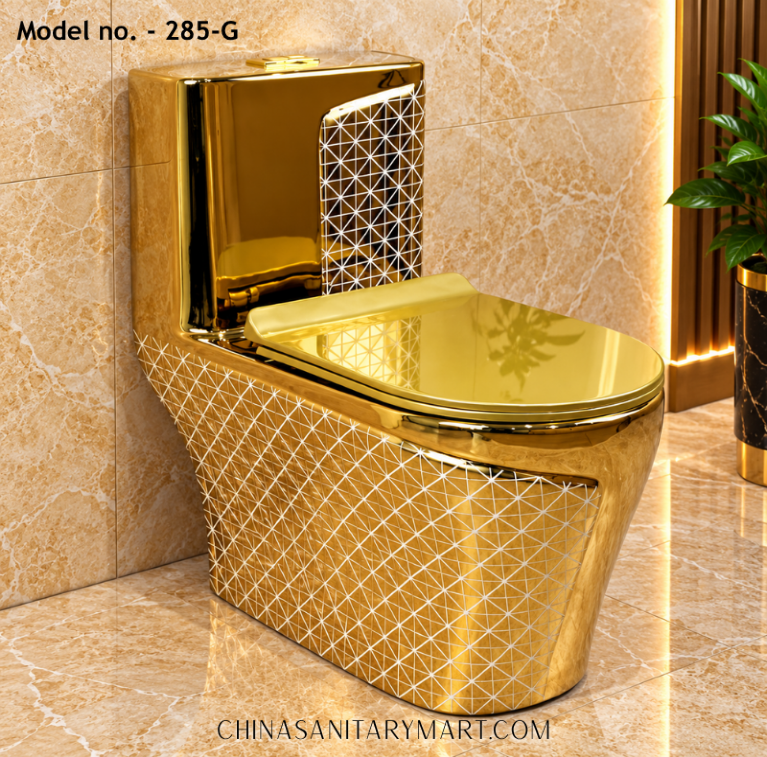 Tornado Jet Flush Commode 285-G Gold Toilet, Luxury Golden Commode, Designer Gold Toilet with Geometric Pattern