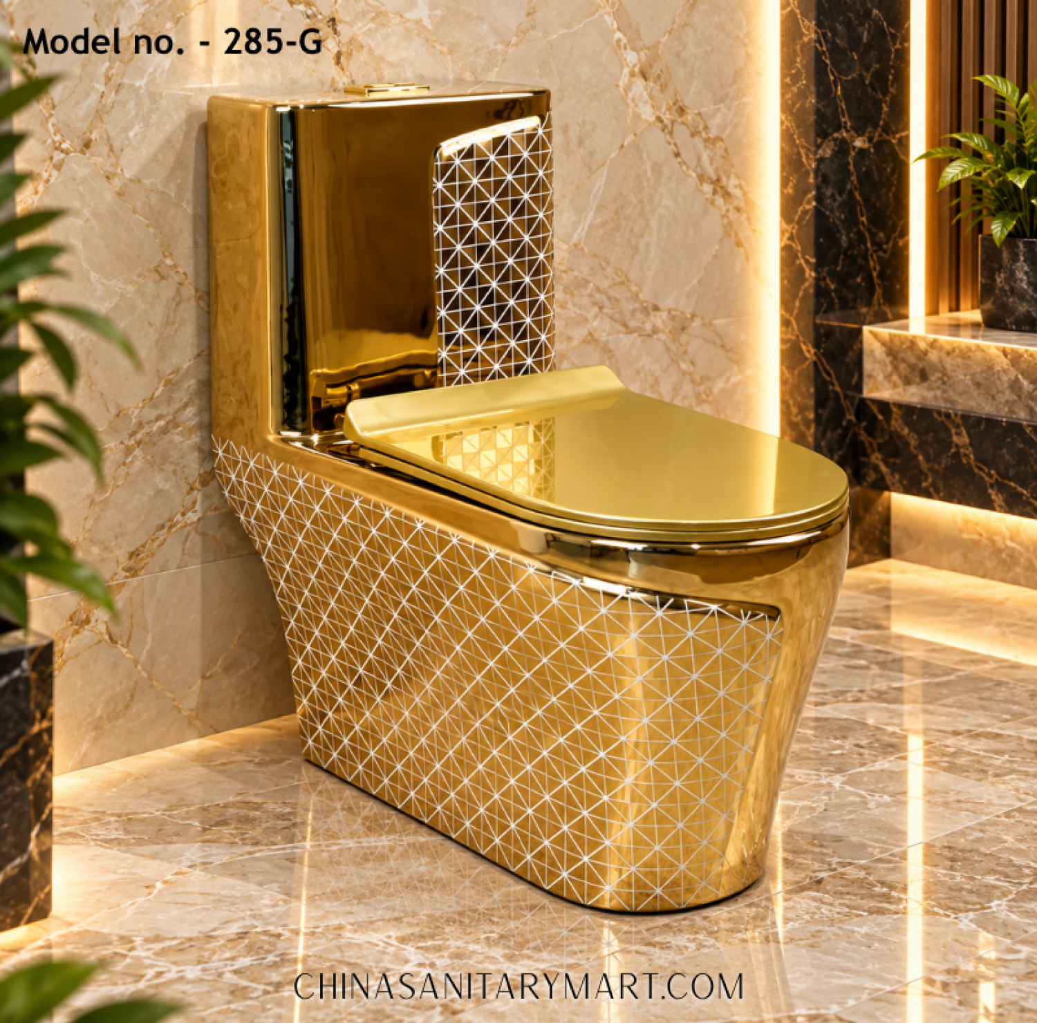 Tornado Jet Flush Commode 285-G Gold Toilet, Luxury Golden Commode, Designer Gold Toilet with Geometric Pattern