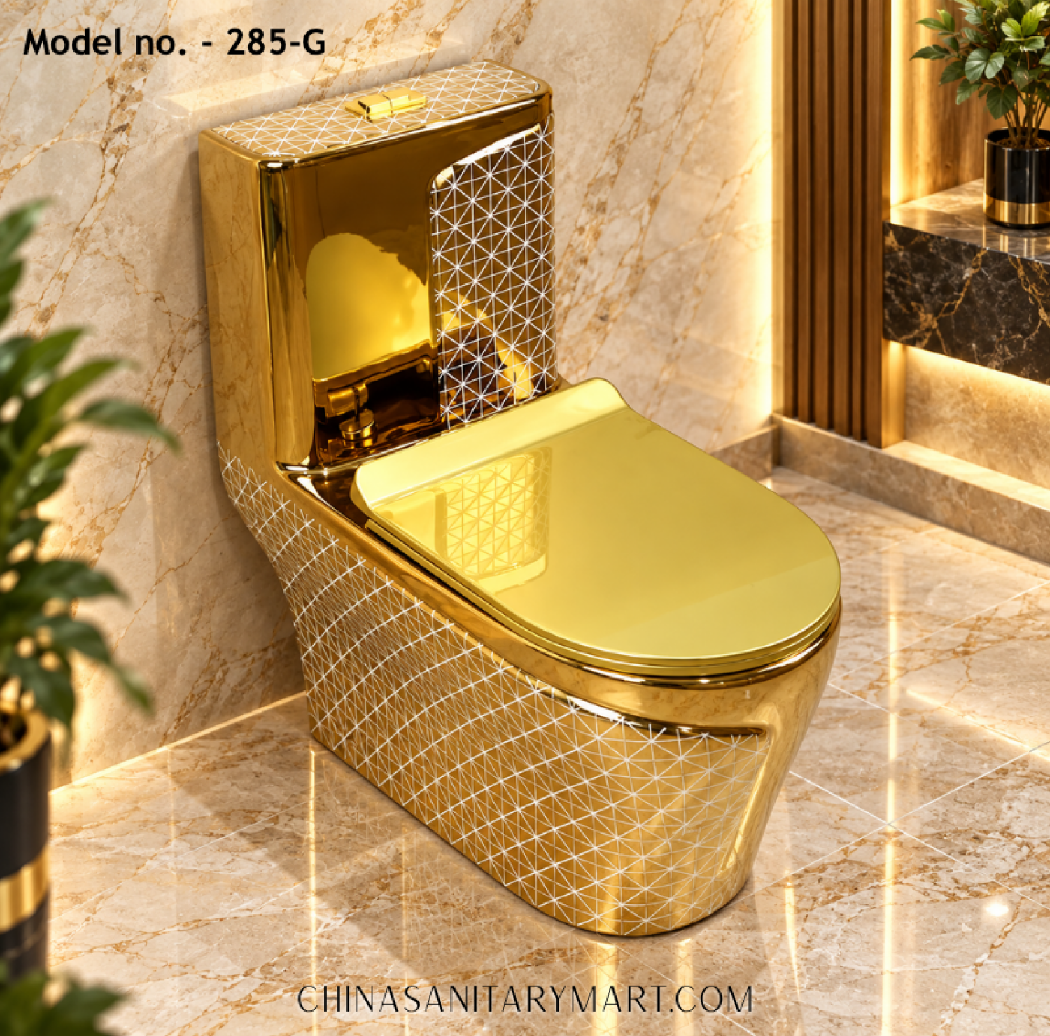 Tornado Jet Flush Commode 285-G Gold Toilet, Luxury Golden Commode, Designer Gold Toilet with Geometric Pattern
