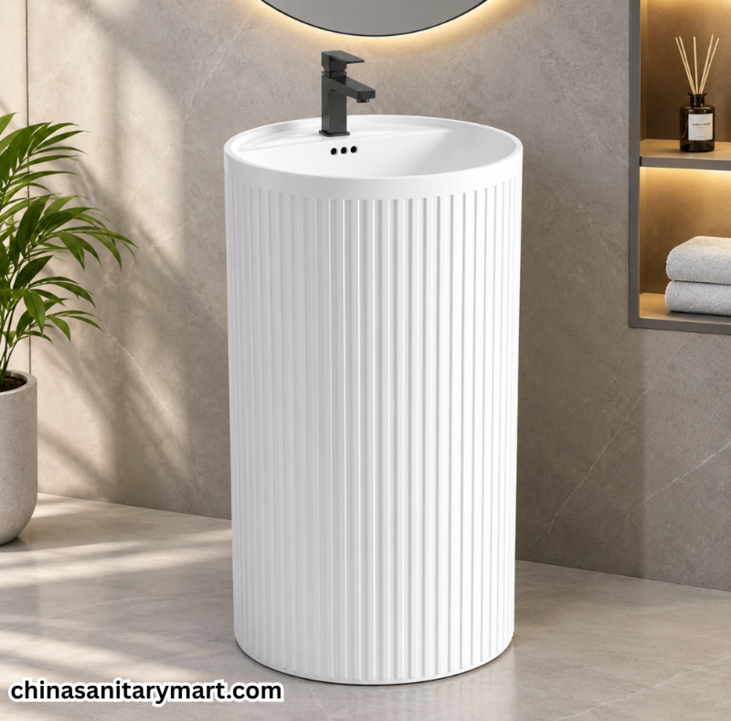 18/18 Inch PB302 Glossy White Drum Basin, PB302 white drum basin, glossy white freestanding basin, fluted drum basin, ceramic bathroom basin