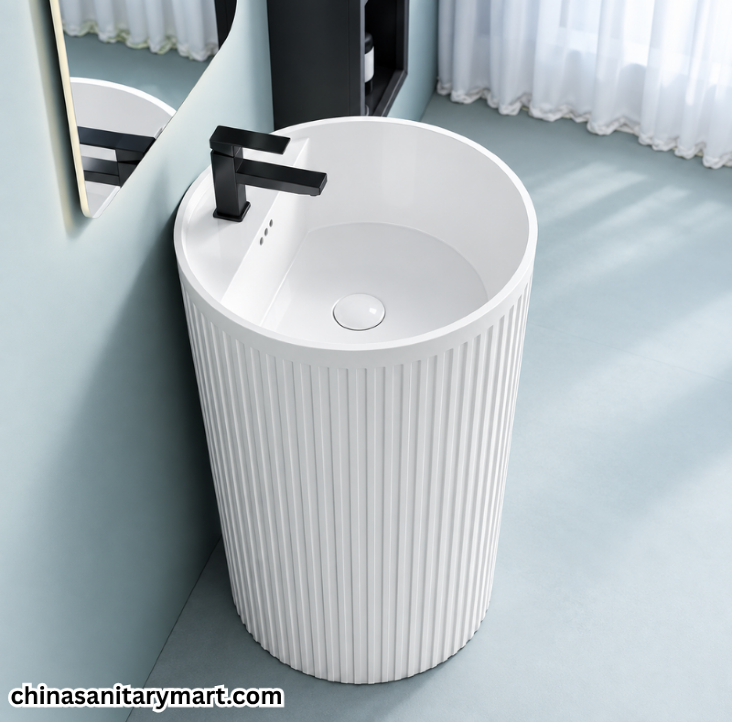 18/18 Inch PB302 Glossy White Drum Basin, PB302 white drum basin, glossy white freestanding basin, fluted drum basin, ceramic bathroom basin