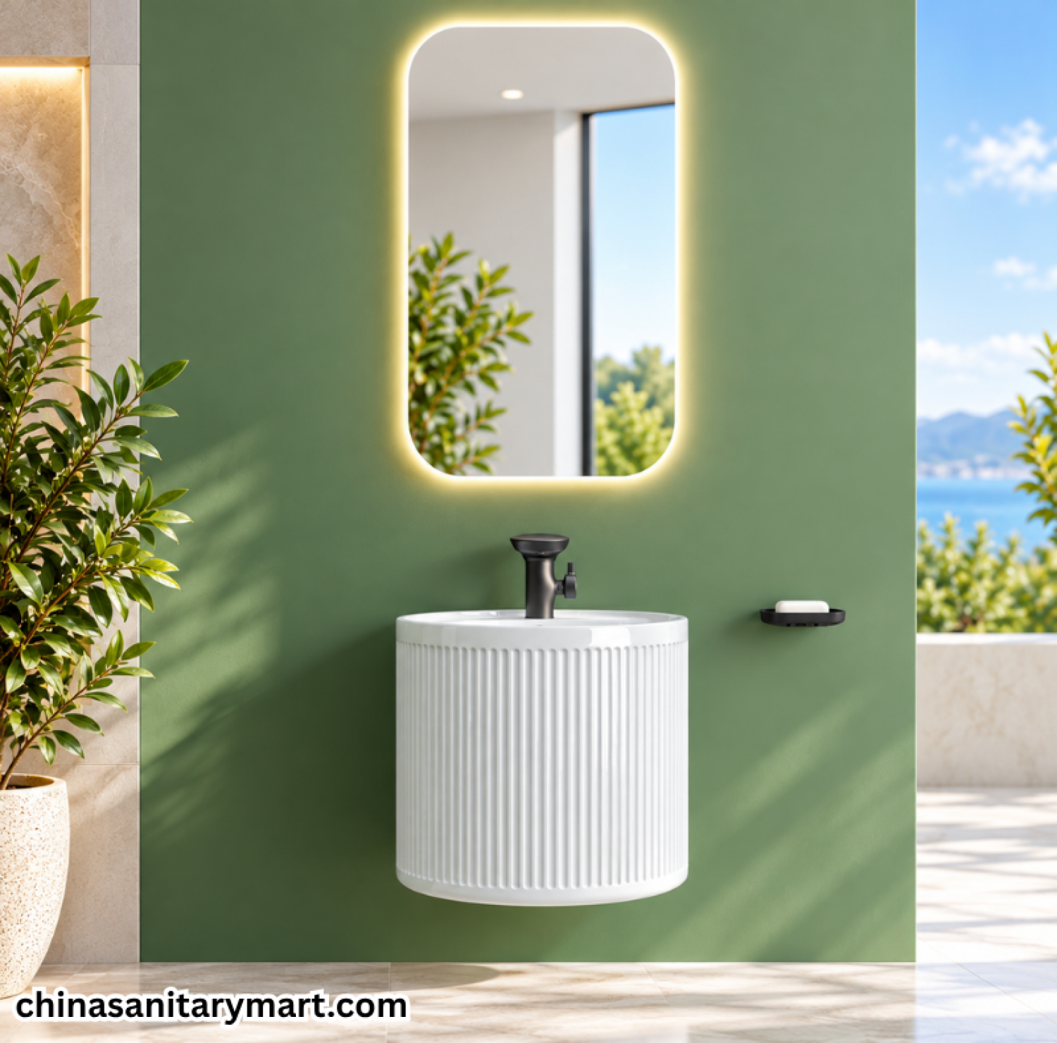 WB002 White Wall Hung Basin, 18 inch white wall hung basin, fluted wall mounted basin, glossy white ceramic basin, modern drum basin