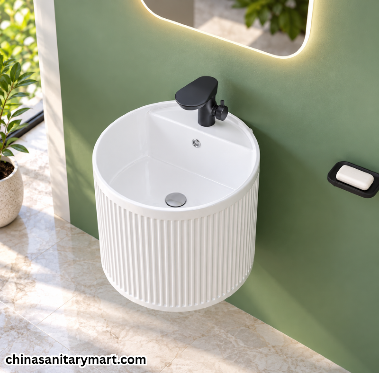 WB002 White Wall Hung Basin, 18 inch white wall hung basin, fluted wall mounted basin, glossy white ceramic basin, modern drum basin