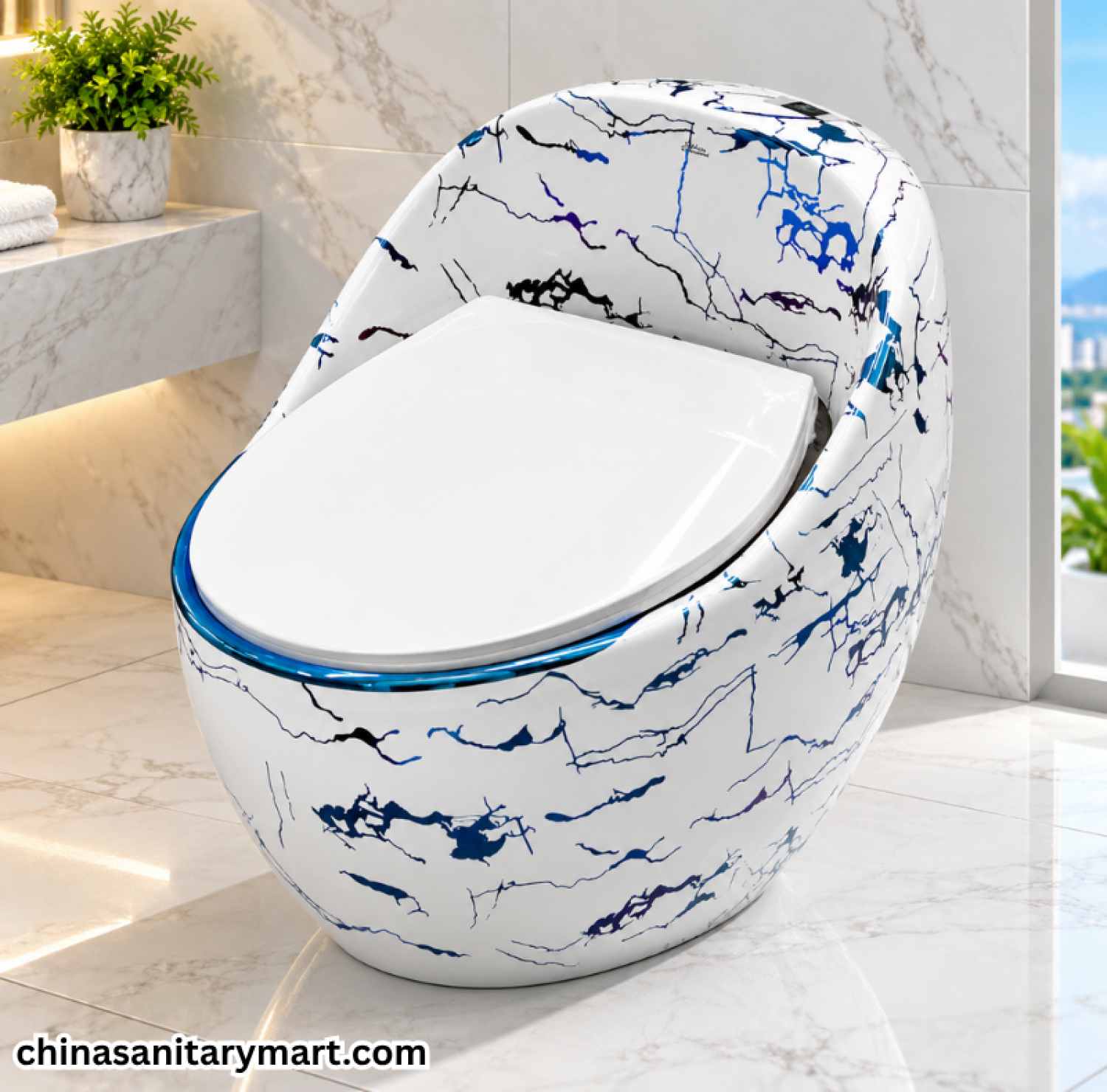 T088GF White Commode Blue Crackle Print Egg Shape, blue crackle egg shape toilet, white designer commode, blue white one piece commode, luxury bathroom toilet
