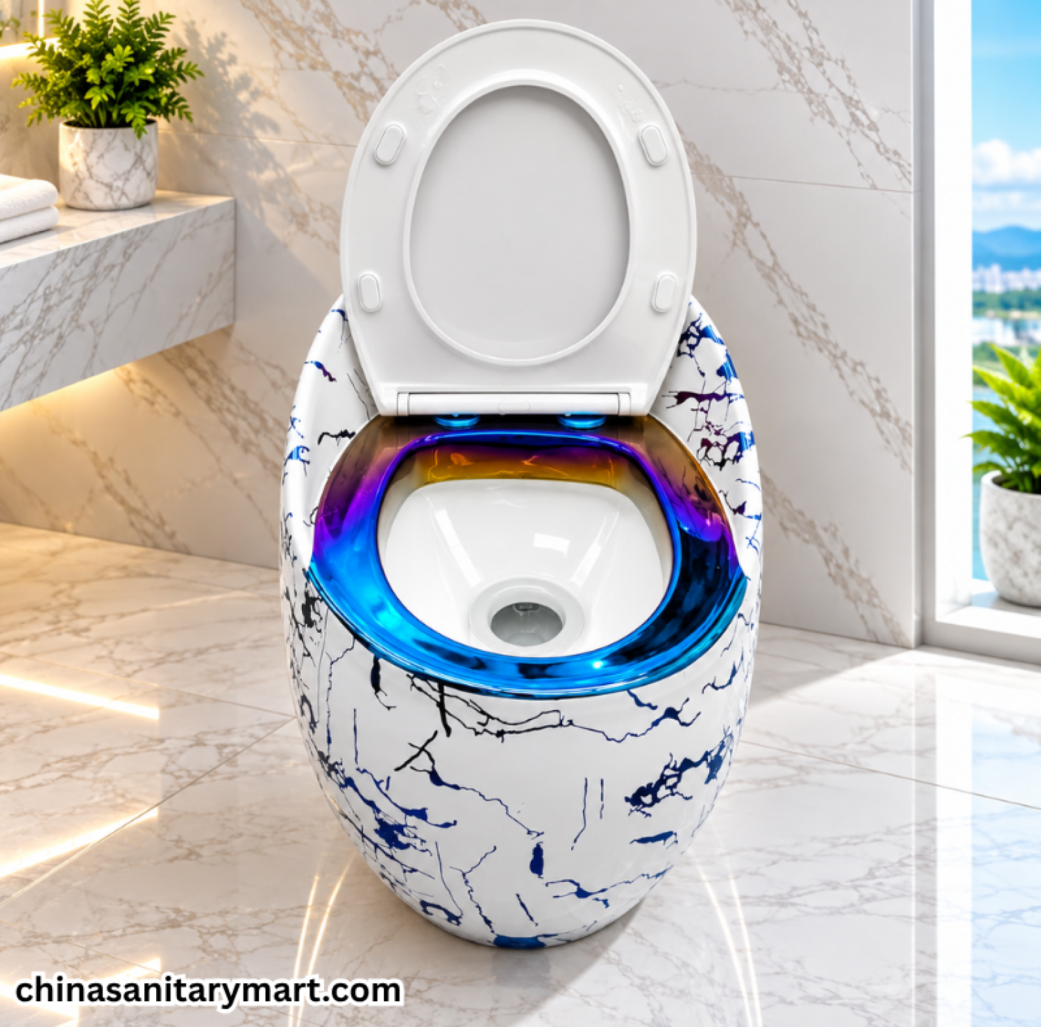 T088GF White Commode Blue Crackle Print Egg Shape, blue crackle egg shape toilet, white designer commode, blue white one piece commode, luxury bathroom toilet