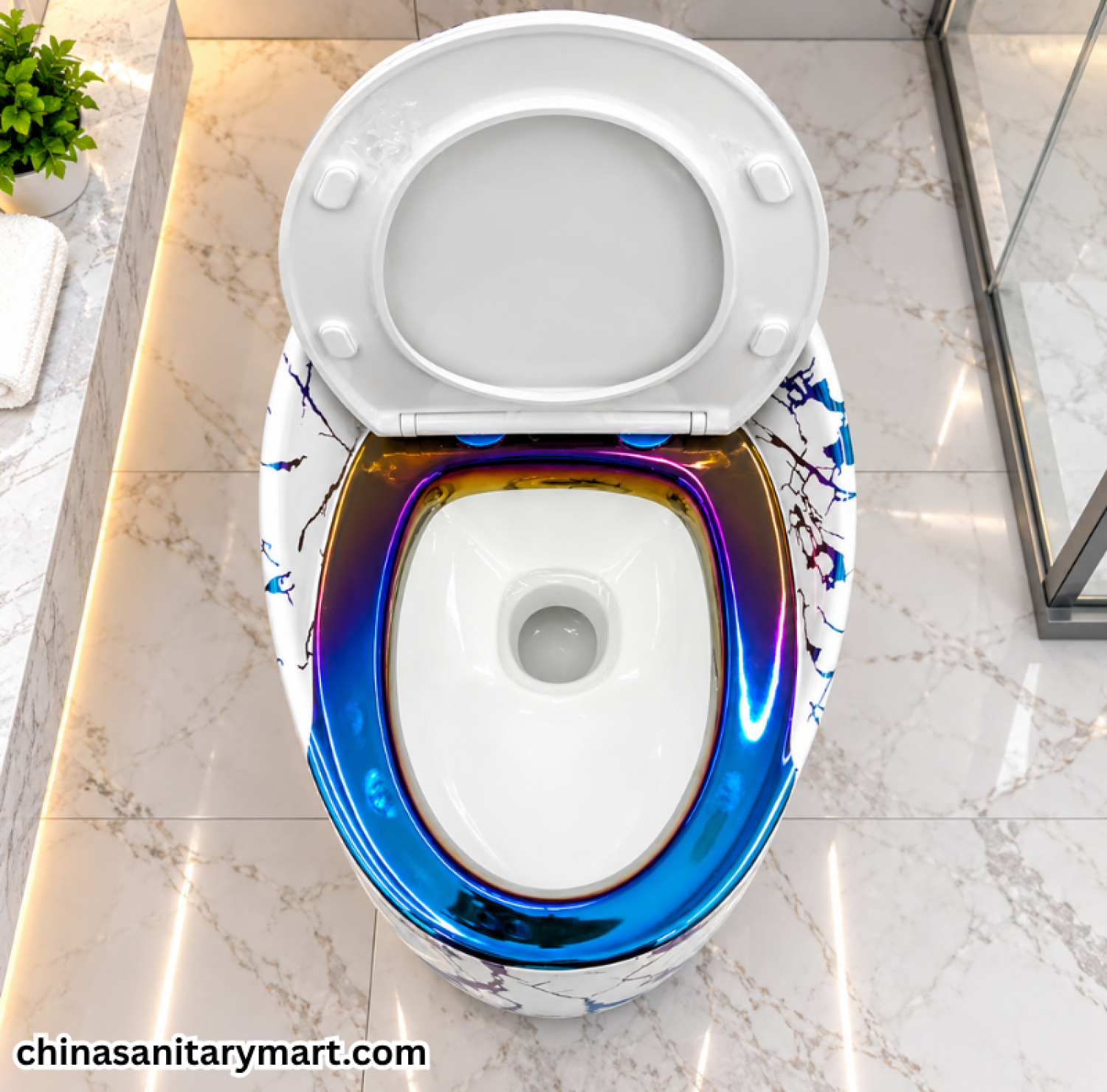 T088GF White Commode Blue Crackle Print Egg Shape, blue crackle egg shape toilet, white designer commode, blue white one piece commode, luxury bathroom toilet