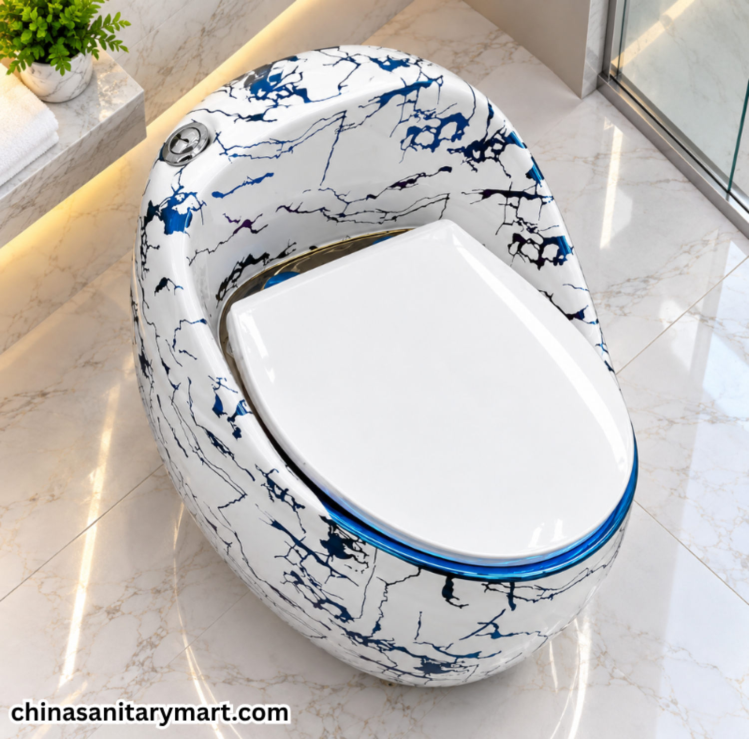 T088GF White Commode Blue Crackle Print Egg Shape, blue crackle egg shape toilet, white designer commode, blue white one piece commode, luxury bathroom toilet
