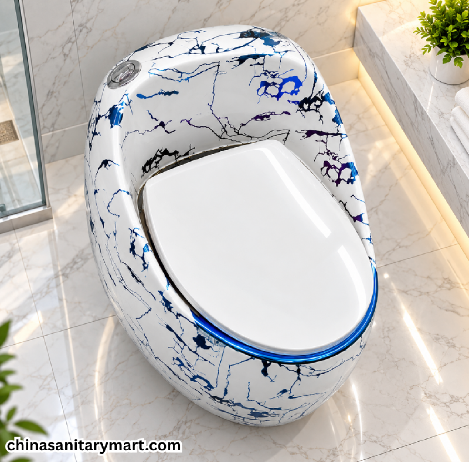T088GF White Commode Blue Crackle Print Egg Shape, blue crackle egg shape toilet, white designer commode, blue white one piece commode, luxury bathroom toilet