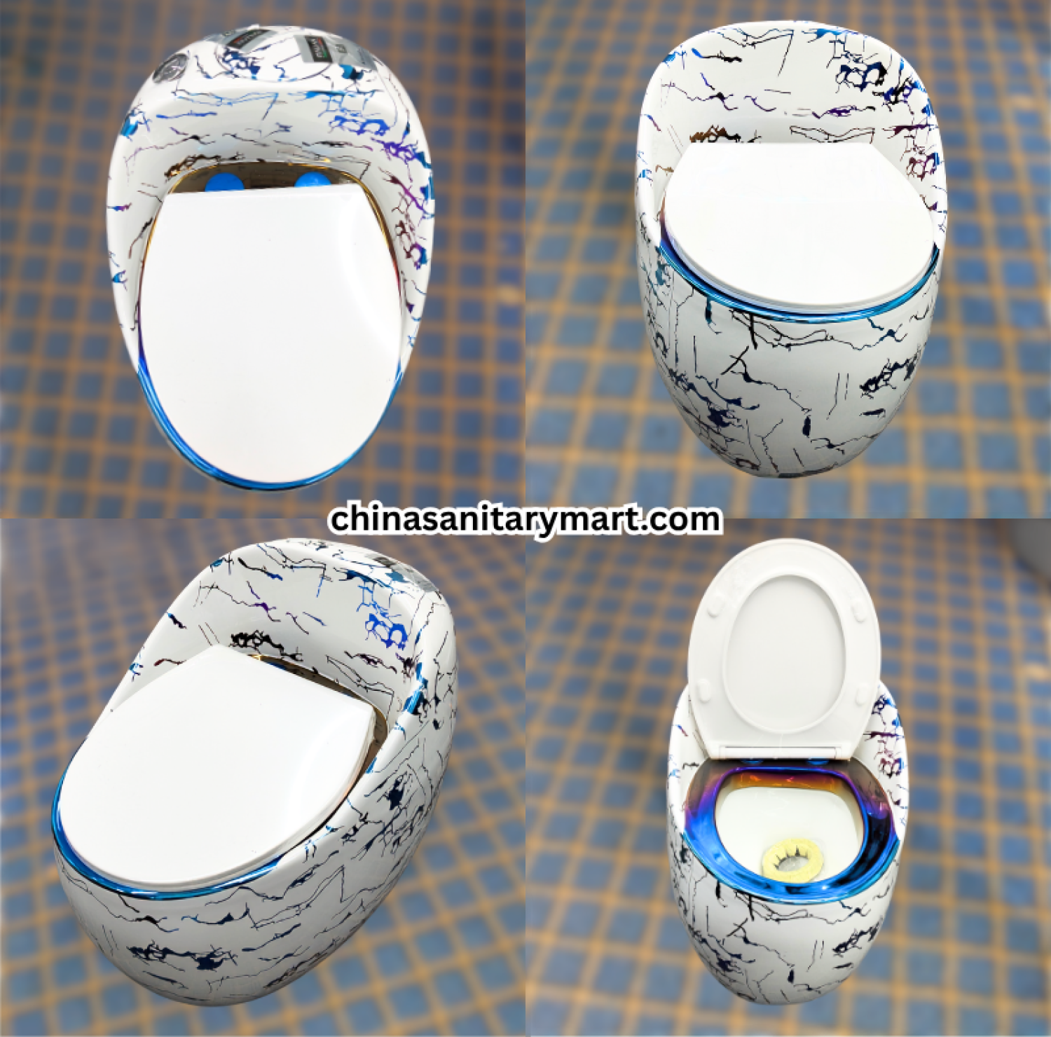 T088GF White Commode Blue Crackle Print Egg Shape, blue crackle egg shape toilet, white designer commode, blue white one piece commode, luxury bathroom toilet