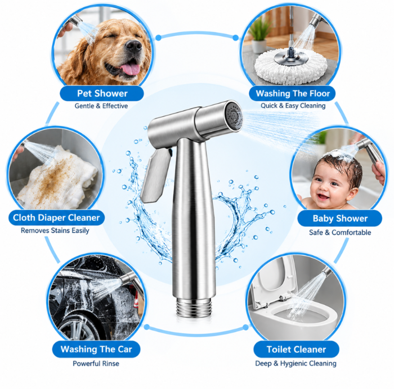 SUS stainless steel push shower, brushed finish bidet spray, adjustable water flow bathroom hand spray, G1/2 universal thread shower
