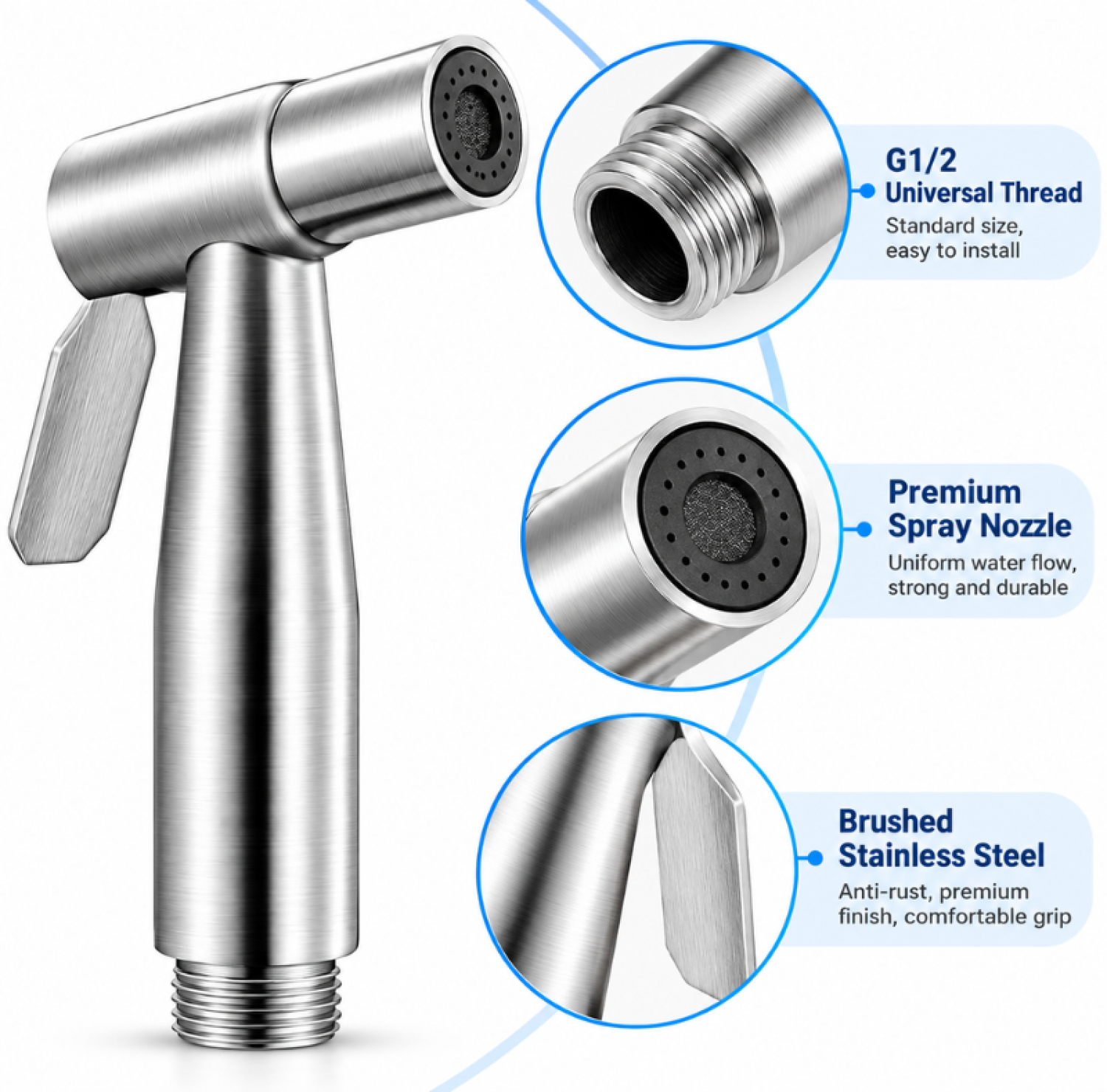 SUS stainless steel push shower, brushed finish bidet spray, adjustable water flow bathroom hand spray, G1/2 universal thread shower