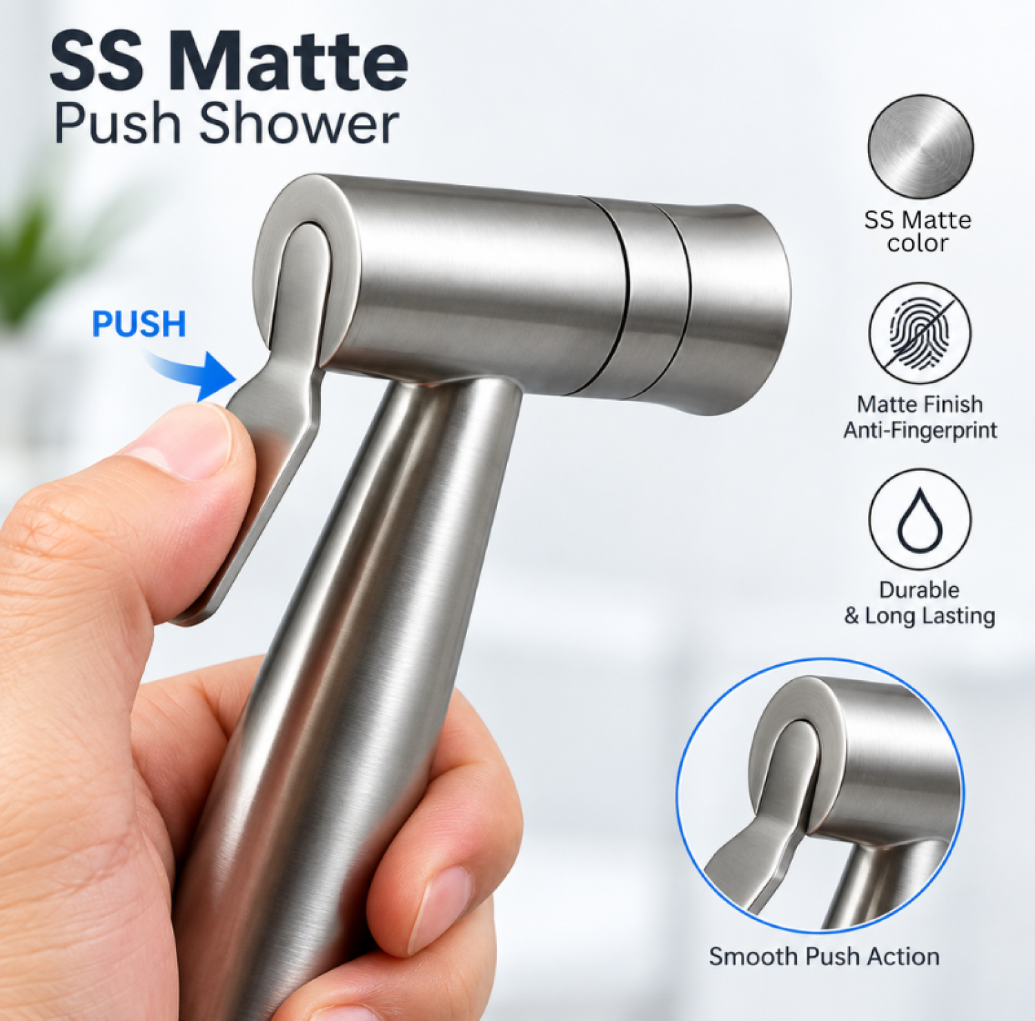Mecan Two Mode Push Shower SS Matte, stainless steel bidet spray, dual mode push shower, Mecan bathroom hand shower, G1/2 bidet spray