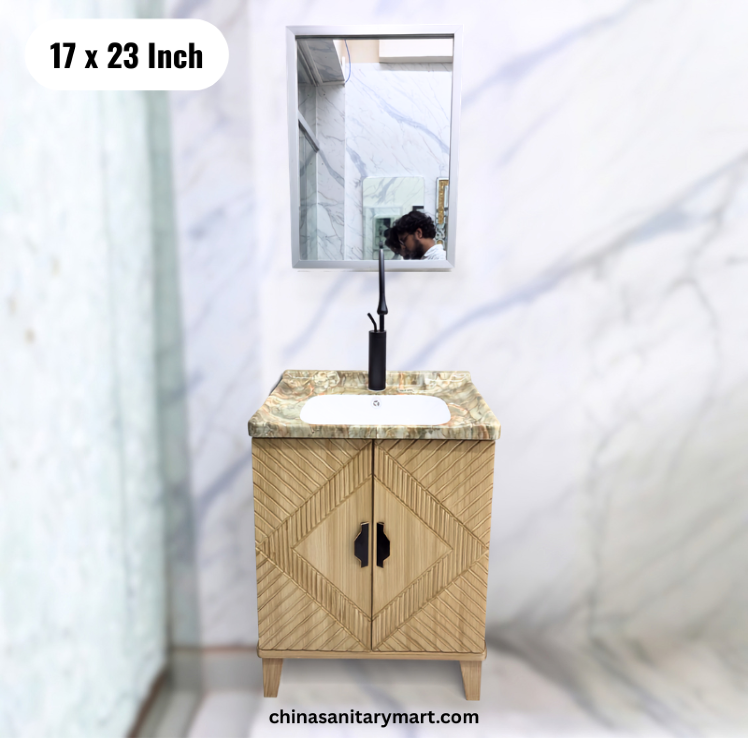 17x23 wooden basin cabinet set, integrated basin vanity with mirror and faucet, wooden bathroom vanity cabinet, bathroom cabinet Bangladesh