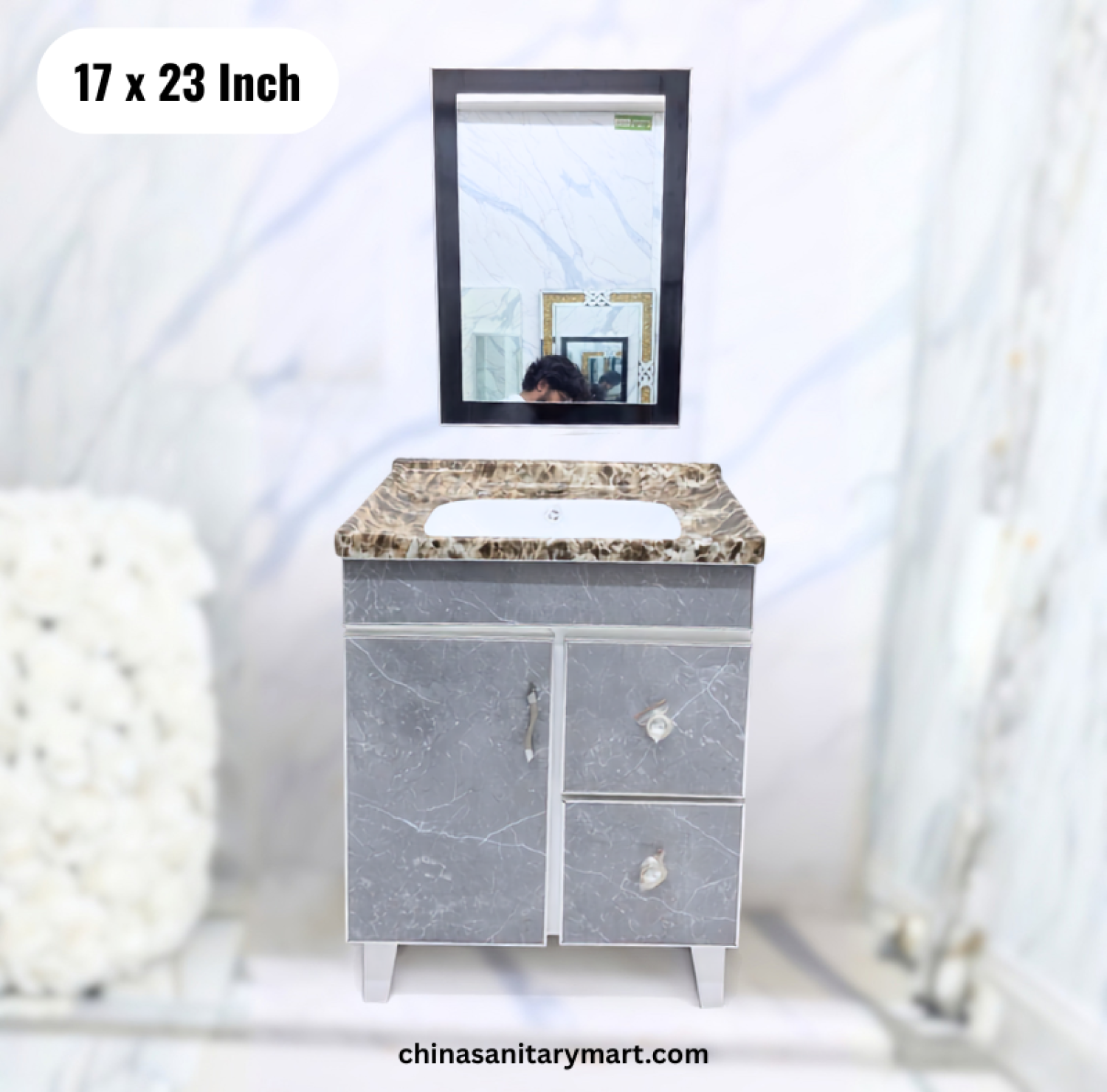17x23 inch grey basin cabinet, integrated basin vanity, grey bathroom cabinet with mirror, modern bathroom vanity, grey marble basin cabinet