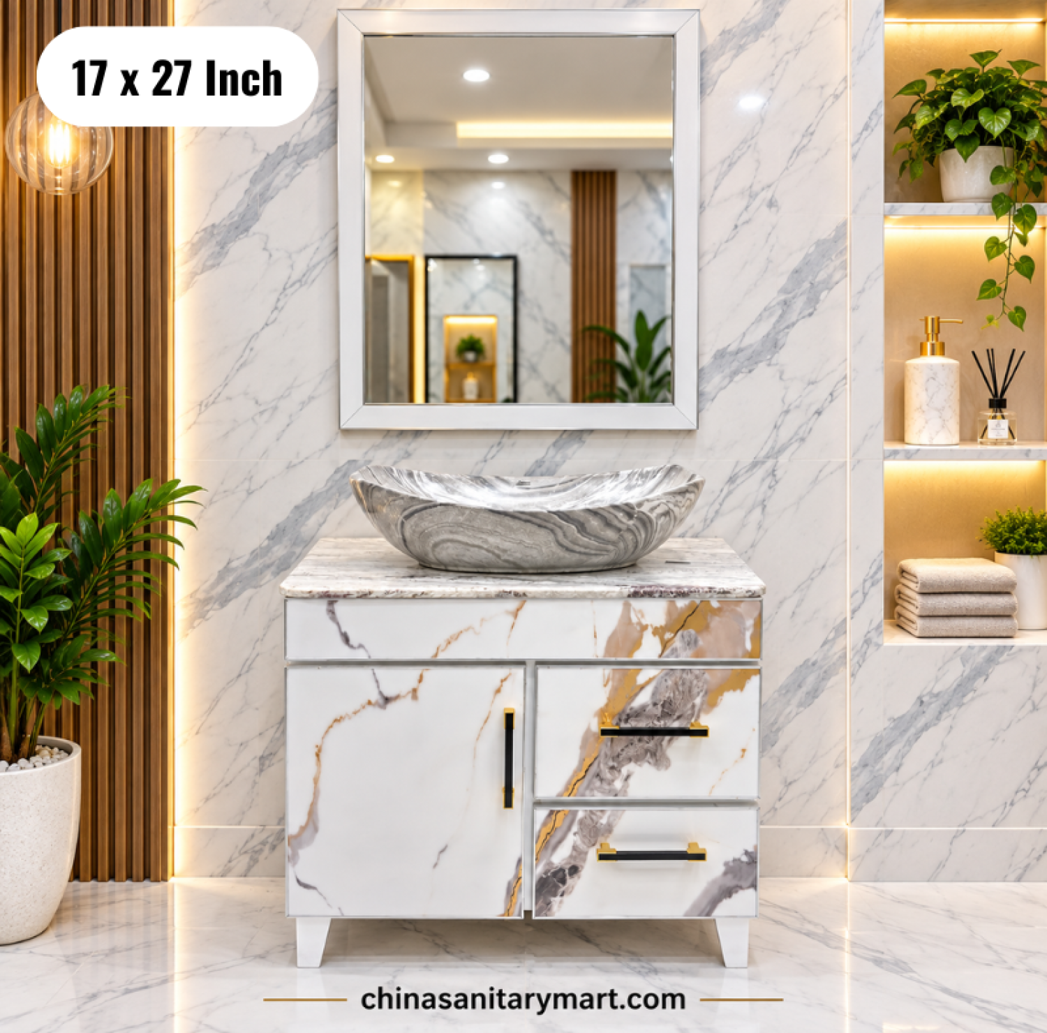 17x27 inch white marble basin cabinet, boat top basin vanity, white marble bathroom cabinet, basin cabinet with mirror, modern bathroom vanity set