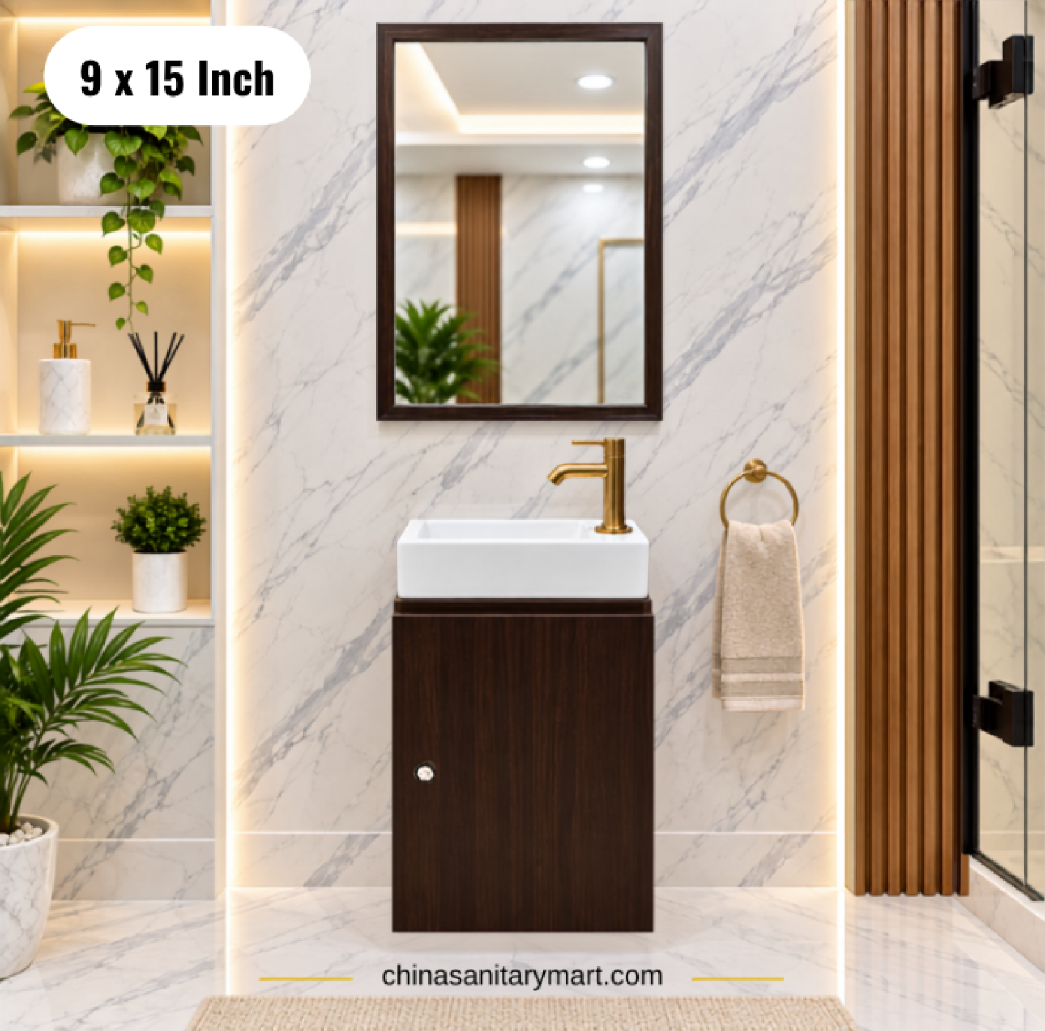 9x15 inch basin cabinet, dark wooden basin cabinet, wall mounted bathroom vanity, Counter Basin with mirror, small bathroom vanity