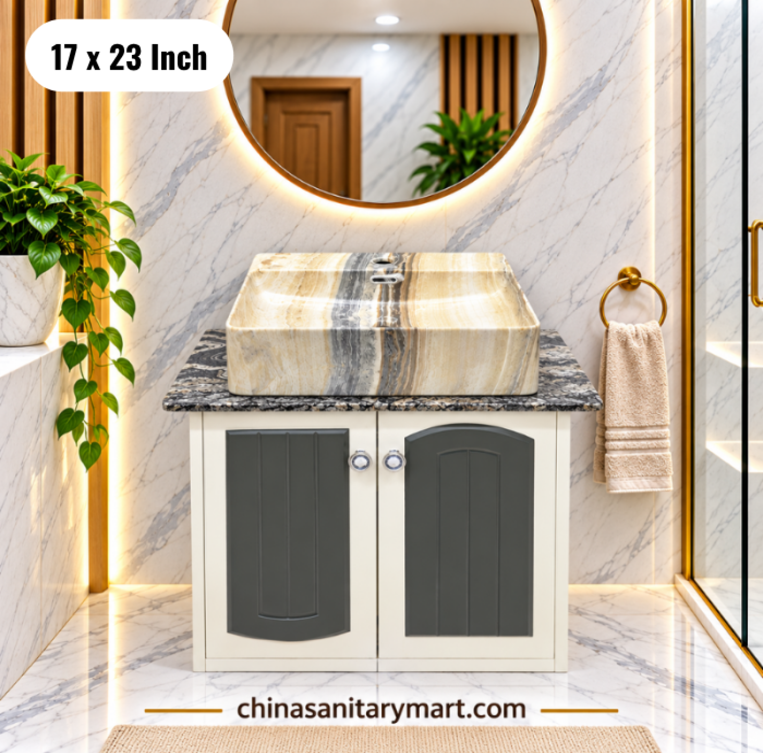 17x23 inch ivory basin cabinet, ivory top basin, bathroom vanity with mirror, double door basin cabinet, ivory and grey bathroom cabinet